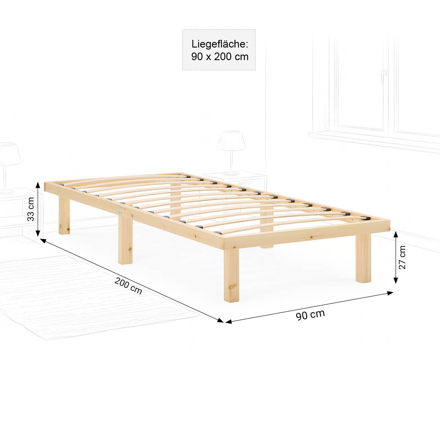 Homestyle4u Holzbett 90x200 mit Lattenrost Palettenbett Natur Holz ohne Kopfteil Futonbett (Komplett-Set mit Lattenrost, Matratze mit OEKO-TEX® Standard 100), Matratze mit OEKO-TEX® Standard 100