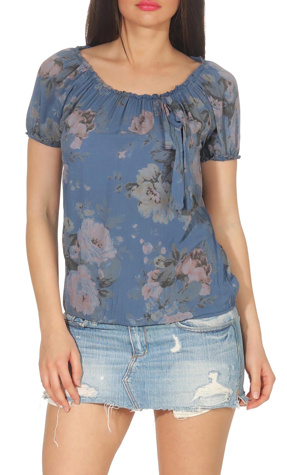 3443 malito und more Schlupfbluse Schleife fashion jeansblau Einheitsgröße mit Tunika Blume than Bluse