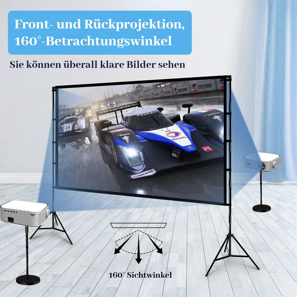 BlingBin Beamer Leinwand 100/120" 16:9 HD 4K/8K Projektionsleinwand mit Stativ Stativleinwand (160 Grad Betrachtungswinkel, Tragbare Doppelseitige Leinwand)