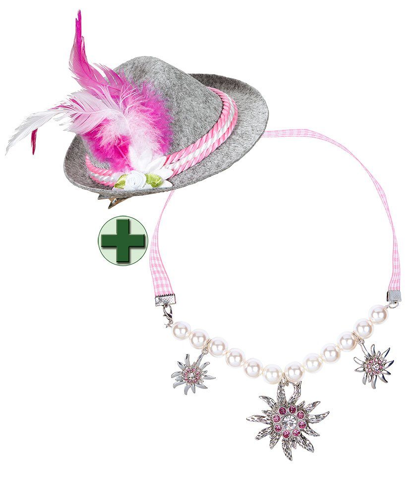 Karneval-Klamotten Kostüm Bayernhut Damen rosa grau Edelweiß und Halskette, Accessoires für Oktoberfest