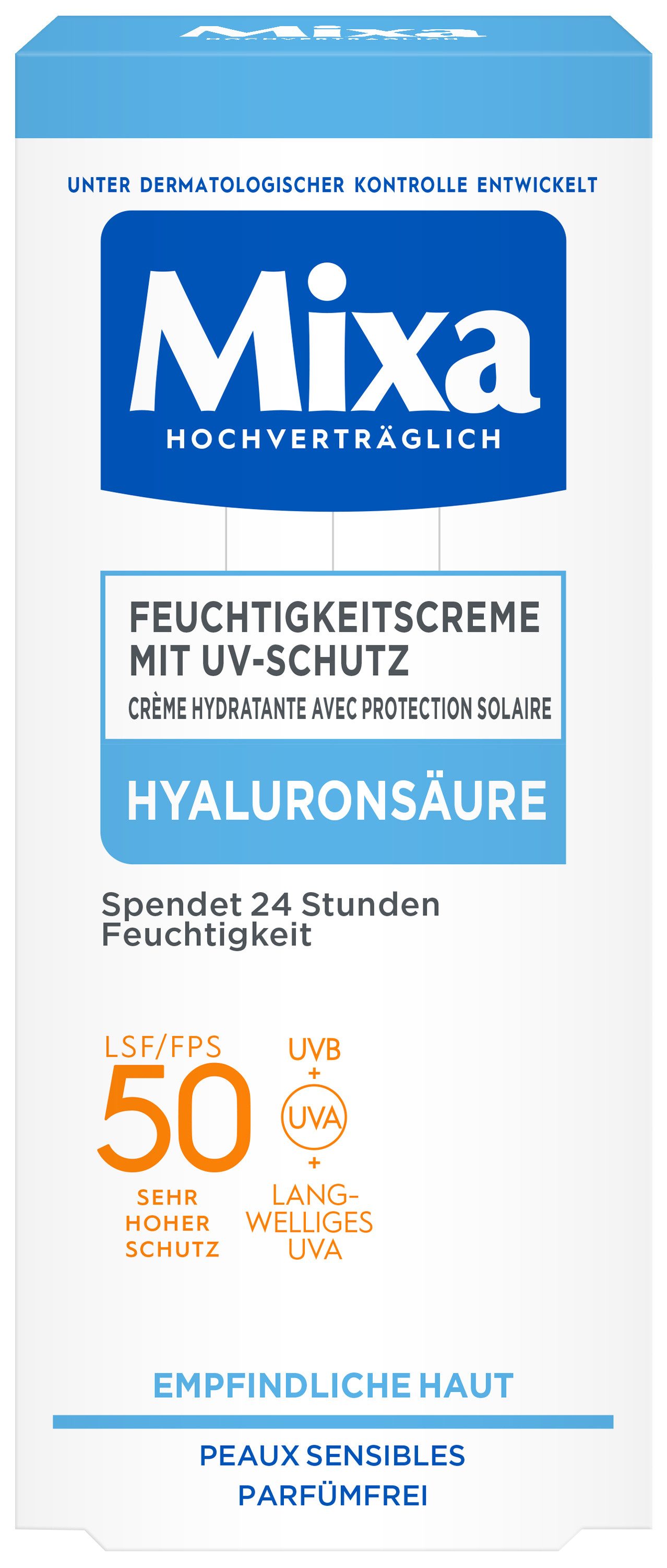 Mixa Feuchtigkeitscreme MIXA UV-SCHUTZ FEUCHTIGKEITSCREME, LSF 50, feuchtigkeitsspendend, mit Hyaluronsäure, pflegend