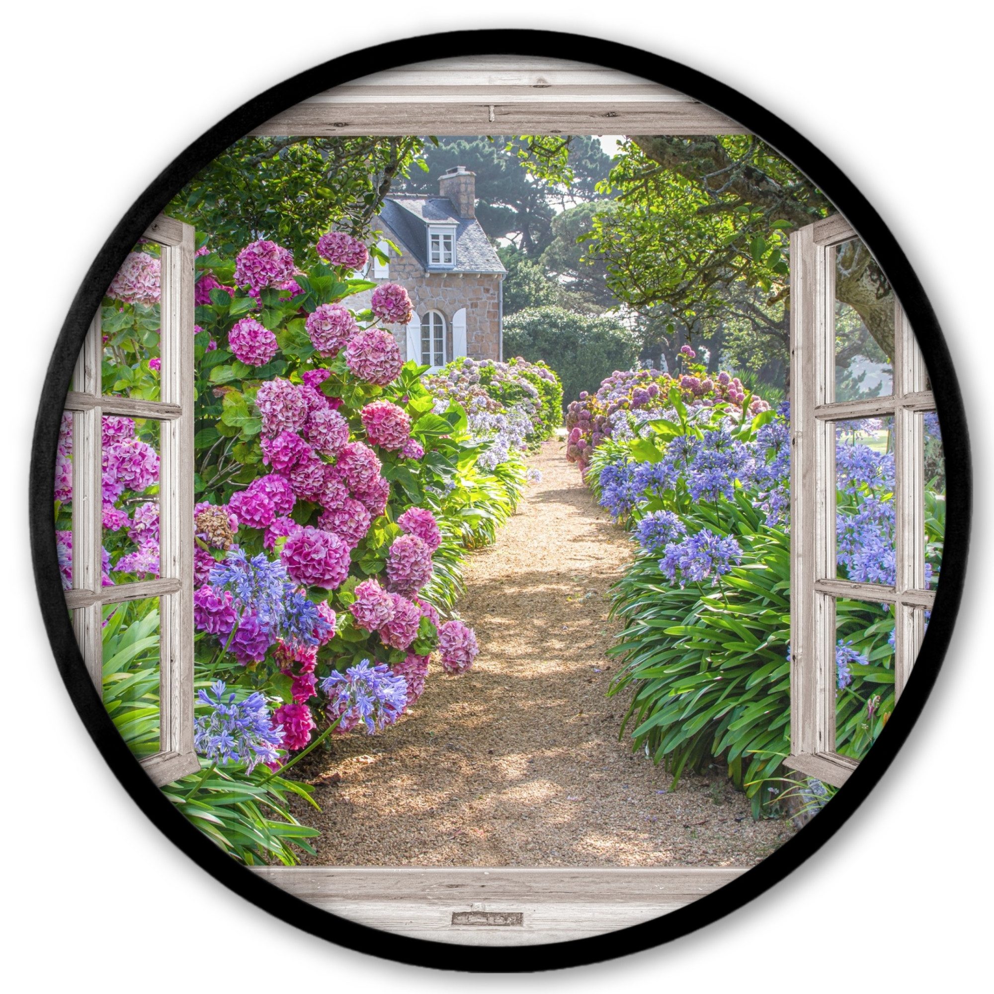 Poster Rund - Hortensie - Fensterblick - Blumen - Sommer - Lila - Weg