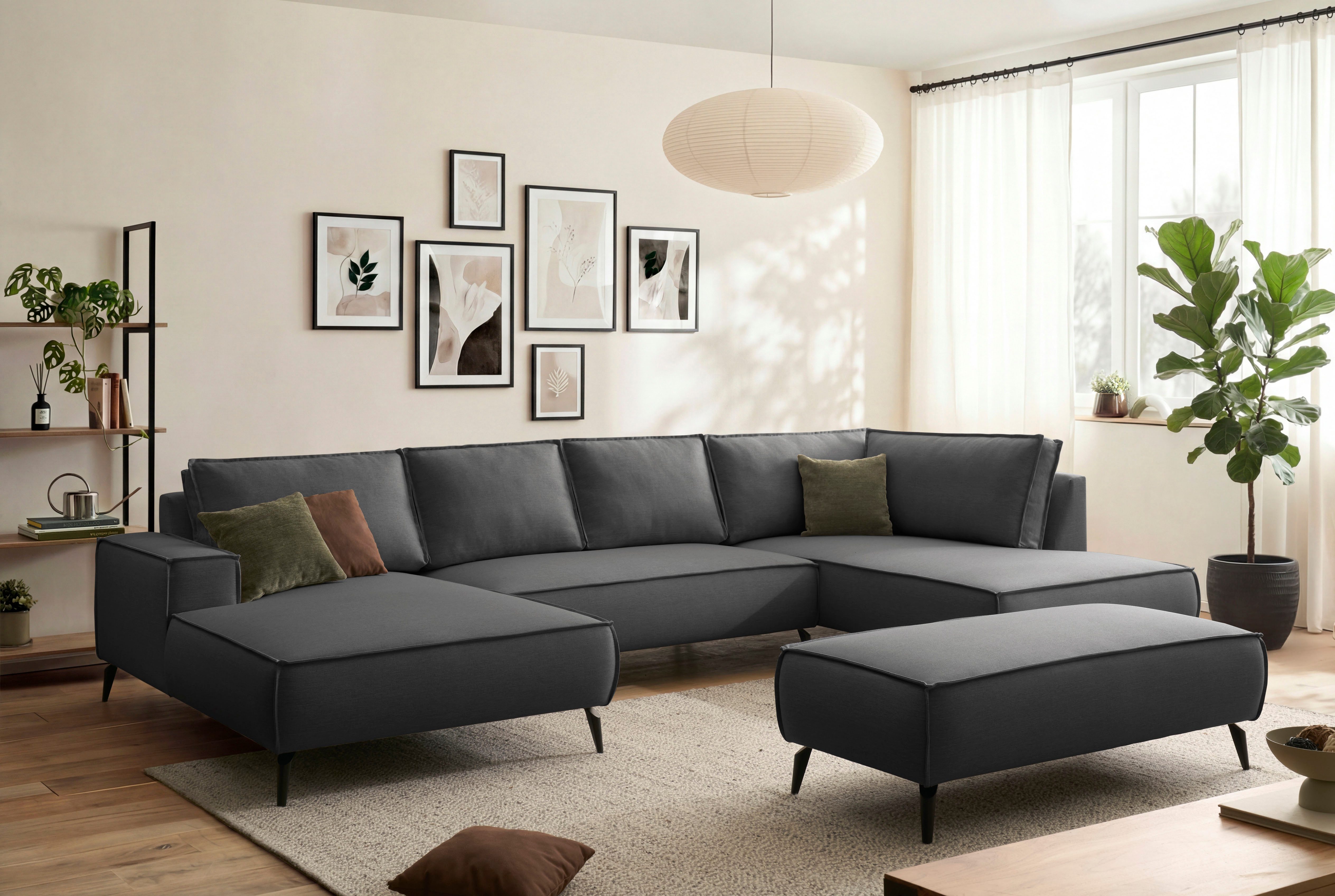 Home affaire Wohnlandschaft mit Hocker, TVINNU, moderne U-Form in Cord oder Leinenoptik, Set 2 Teile, Recamiere rechts/links, stellbar zum Schlafsofa (Krokodilverbinder)
