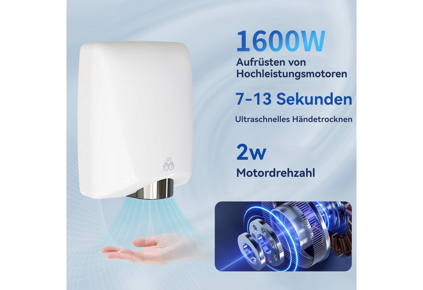 Thumbnail - YINDN Händetrockner Wandhandtrockner, 7–13 Sekunden, Kalter/Warmer Luft, Infrarotsensor