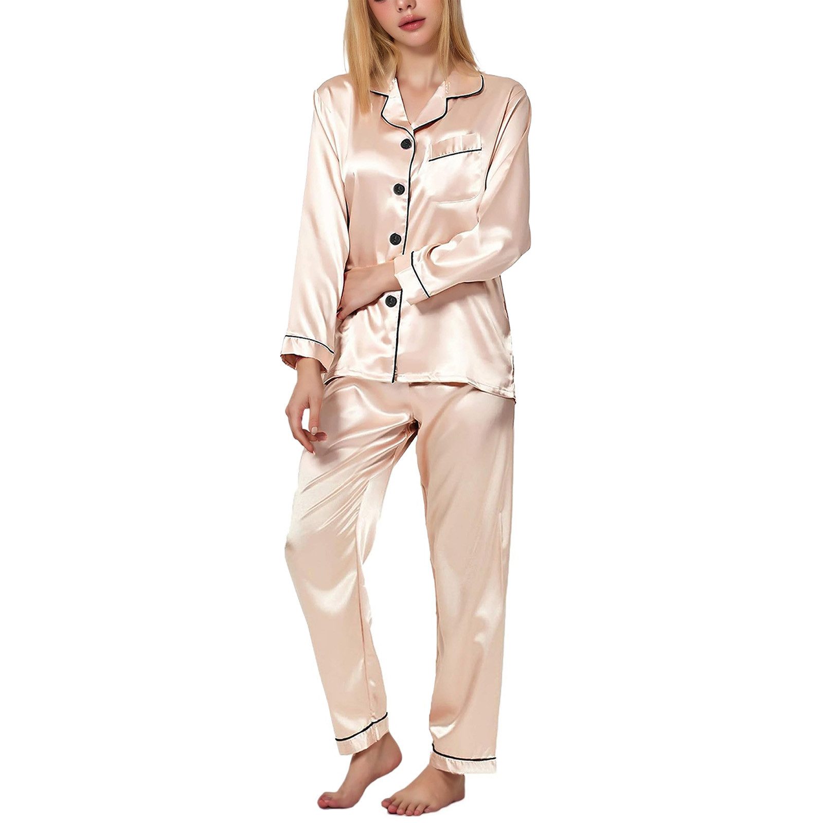 TANTOMI Schlafanzug Damen Satin Schlafanzug 2-Tlg, Langarm Pyjama-Set mit Knopfleiste, kuscheligem V-Ausschnitt und Langen Ärmeln