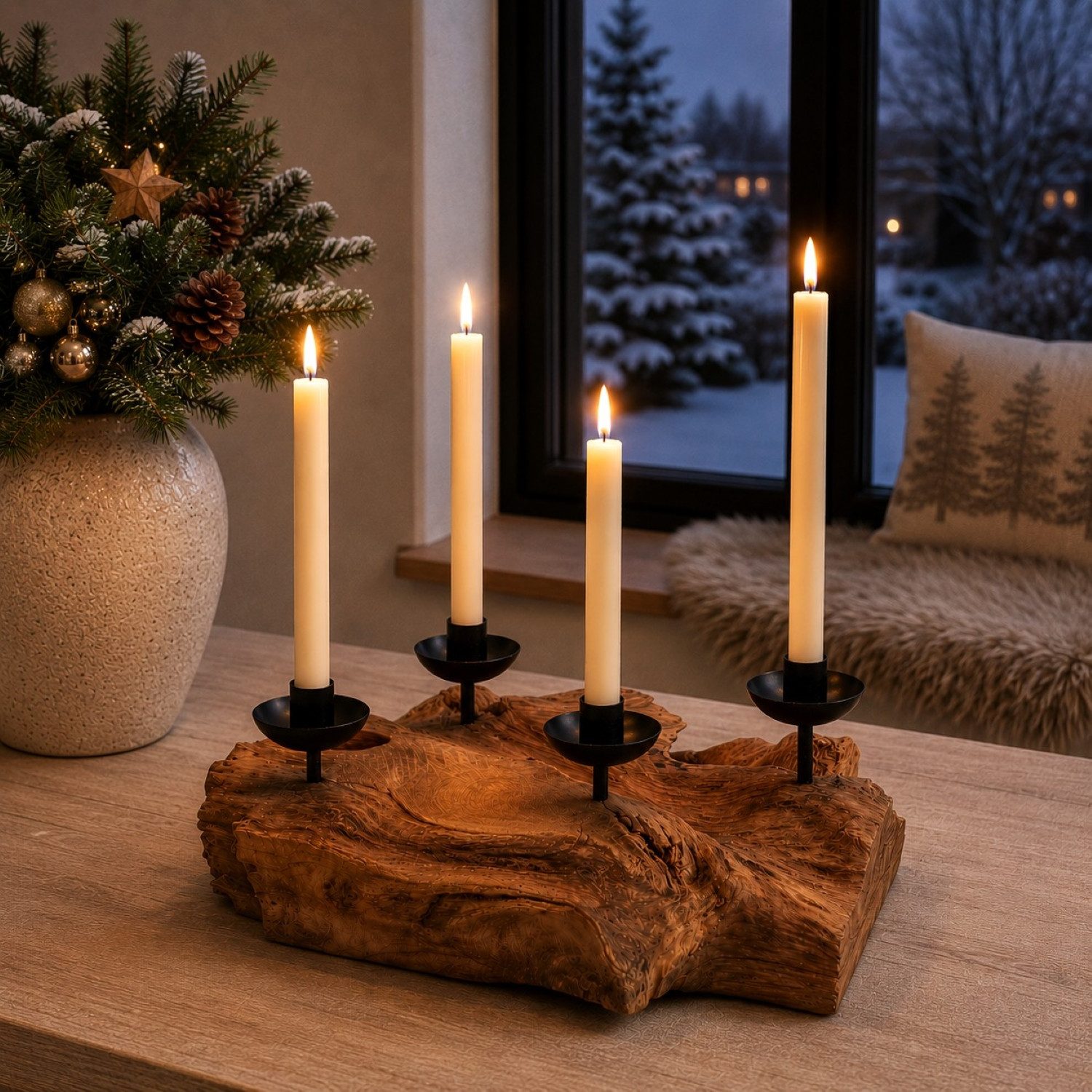 Online-Fuchs Adventskranz aus Wurzelholz mit schwarzen Stabkerzenhaltern - Weihnachstdeko, natürliche Gemütlichkeit und rustikaler Charme - 38 cm groß