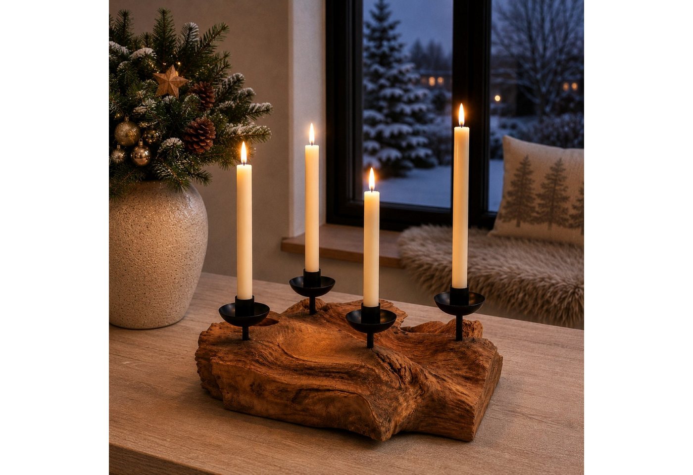 Online-Fuchs Adventskranz aus Wurzelholz mit schwarzen Stabkerzenhaltern - Weihnachstdeko, natürliche Gemütlichkeit und rustikaler Charme - 38 cm groß