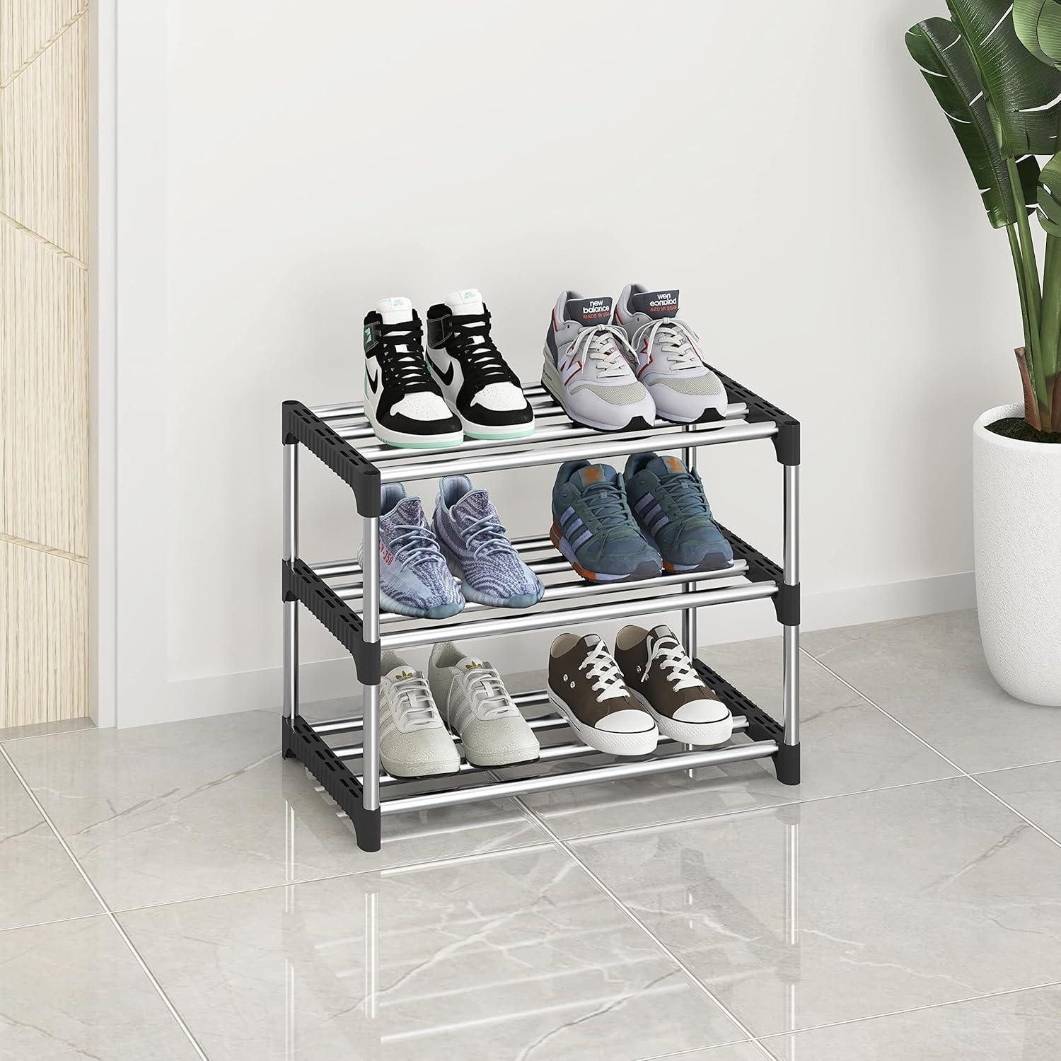 NIAWECAN Schuhregal Kleines stapelbares Schuhregal 3 Ebenen Organizer Schwarz