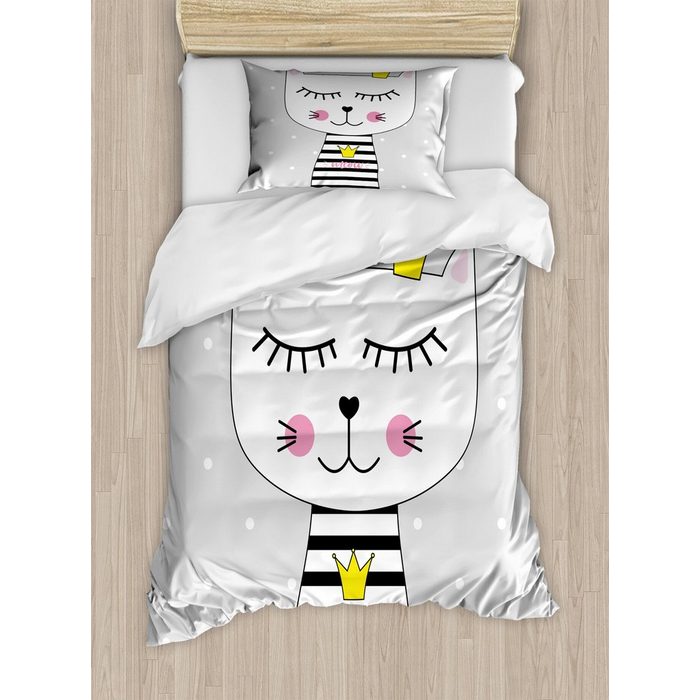 Bettwäsche Top Qualität Weich und Warm 3 Teiligen Bettbezug mit 1 Kissenbezüge Abakuhaus Microfaser Süße Katze Meow Prinzessin mit einer Krone