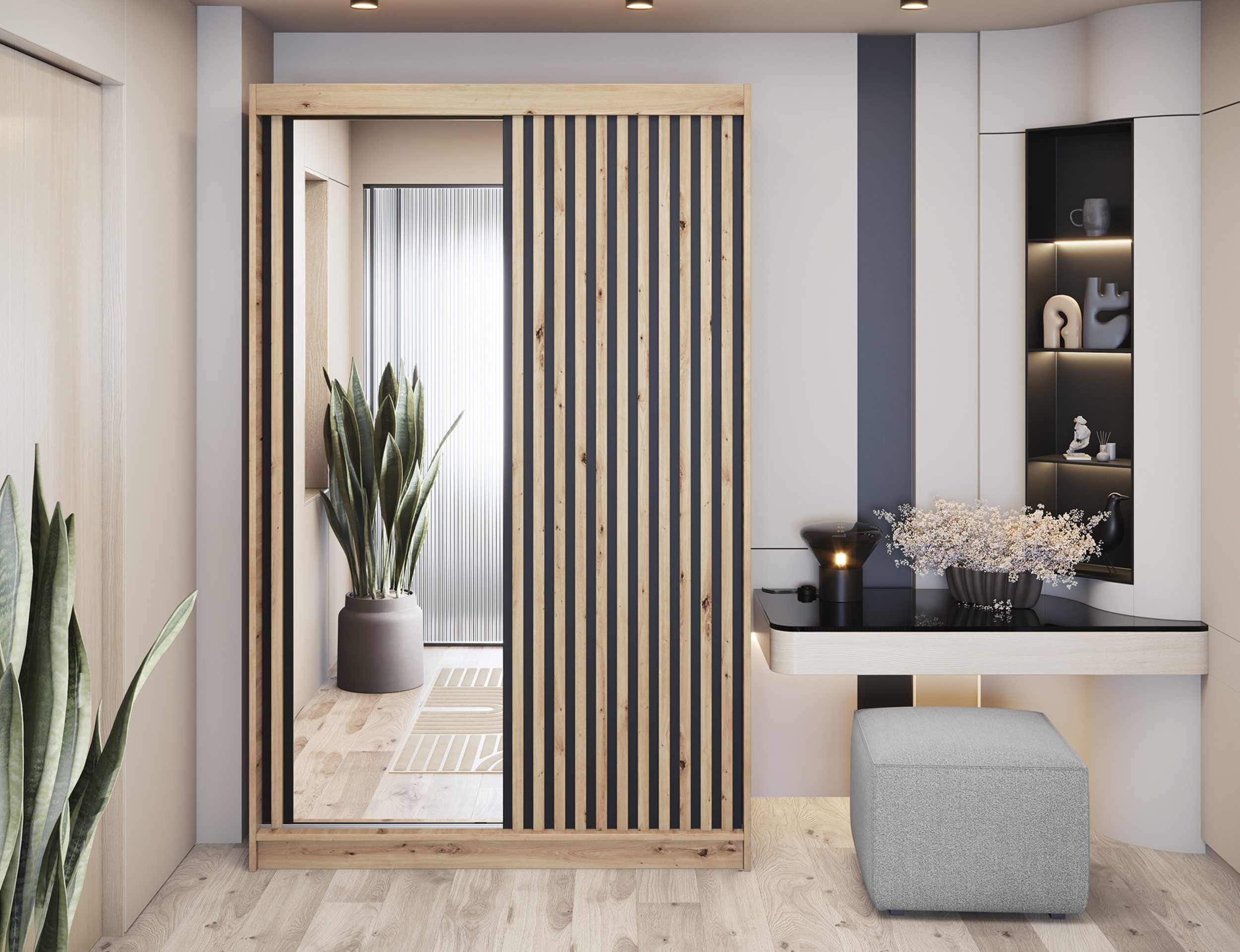 MOEBLO Schiebetürenschrank Giulia (mit Lamellenfront und Spiegel – Funktionaler Stauraum für Ihr Zuhause, Schwebetürenschrank 2-türig Schrank Garderobe Schiebtü – Bild 5 von 5