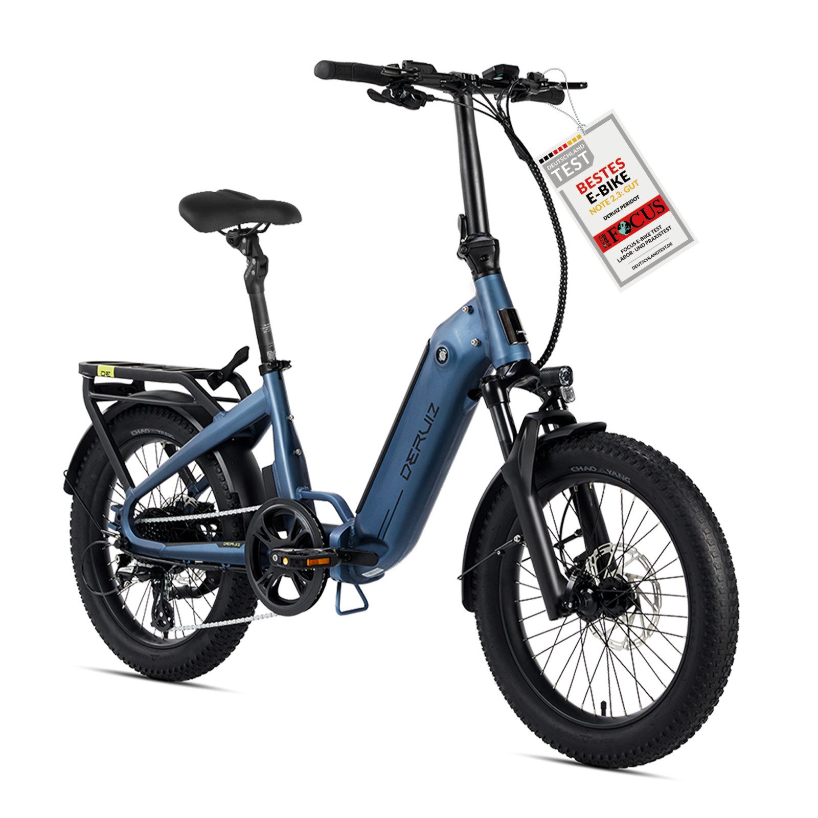 DERUIZ E-Bike Klapprad Peridot 20 × 3 Zoll, bis 143 km, Bluetooth und App, 8 Gang SHIMANO SHIMANO ALTUS 11-32T Schaltwerk, Kettenschaltung, Heckmotor, 500 Wh, (mit Akku-Ladegerät mit Werkzeug), Federsattelstütze