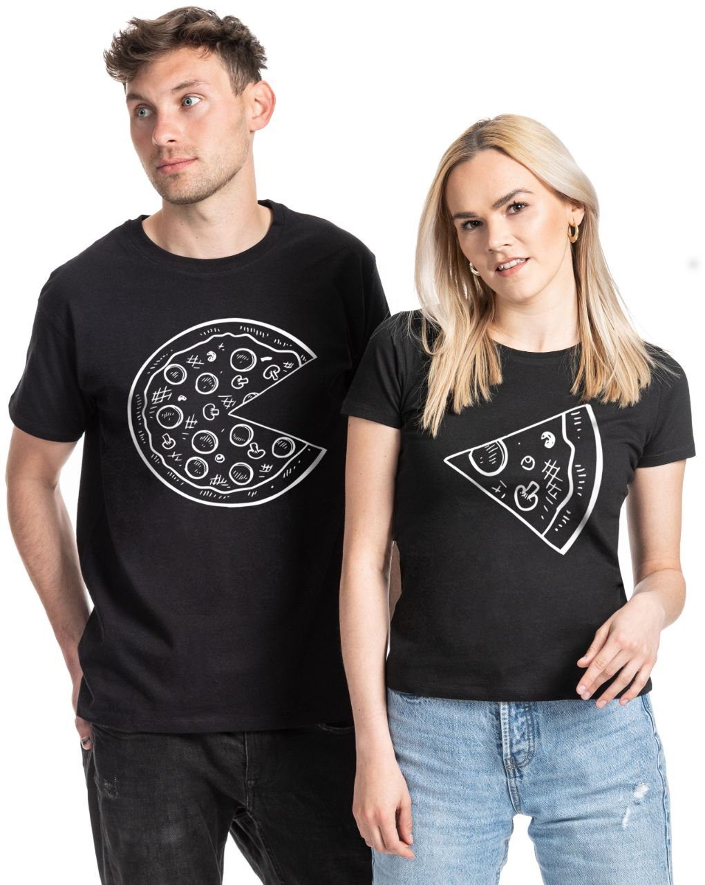 Print T-Shirts Fun (1-tlg) Schwarz T-Shirt Couples / mit Look Herren Pizza trendigem Partner Shop