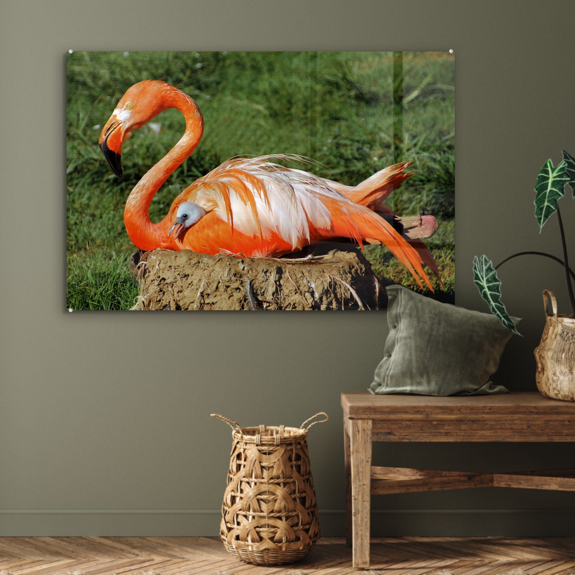 Flamingo unter Schlafzimmer St), MuchoWow Acrylglasbild Flügeln, beschützt ihr Acrylglasbilder (1 ihren & Küken Wohnzimmer