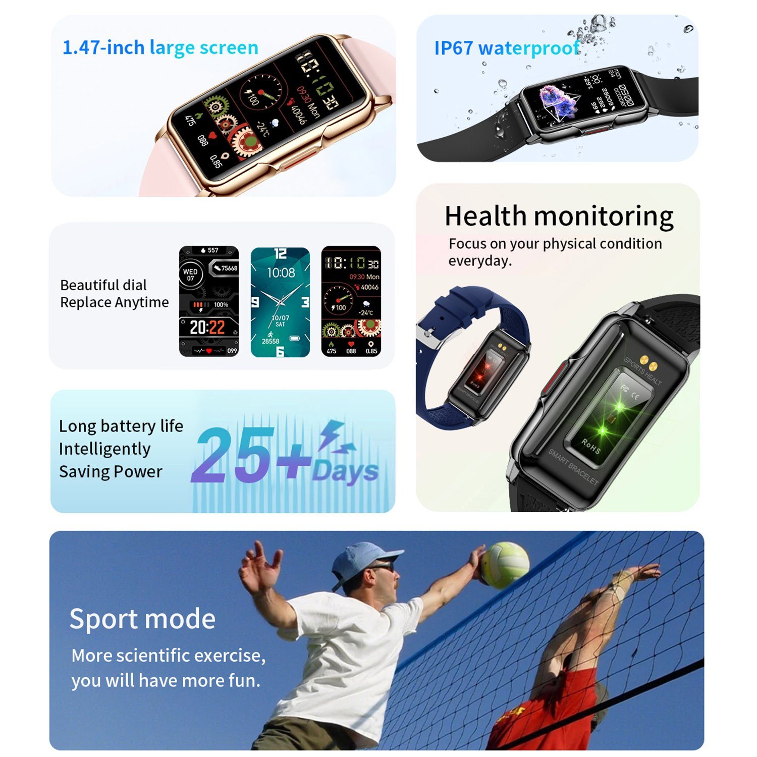 (3,73 Android Haiaveng cm/1,47 Watch, Zoll, und Fitness Gesundheitsfunktionen Smartwatch Smart Smartwatch Lila + Tracker, Rosa Damen Uhr, cm), Damen iOS Fitness