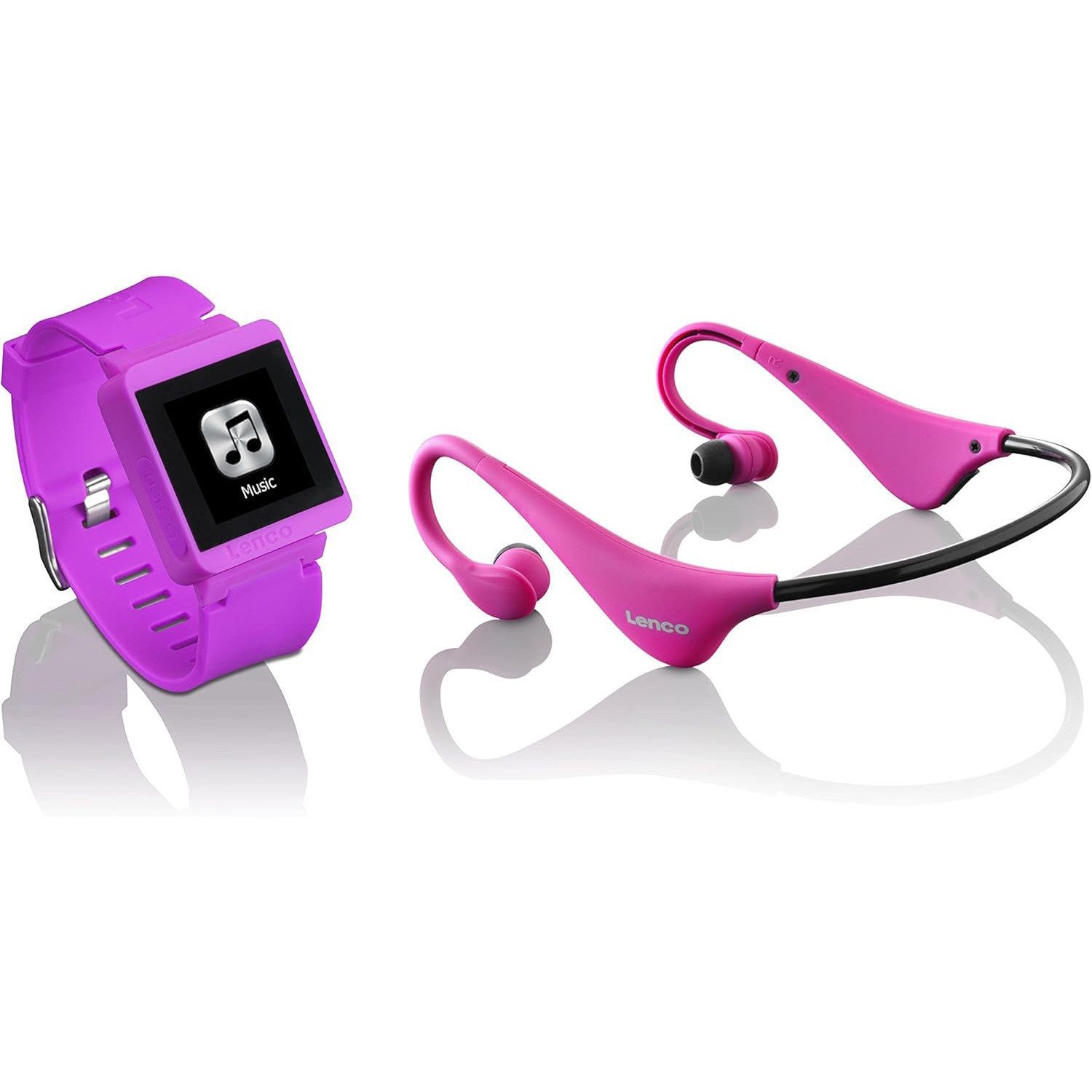 Lenco MP3 Sportwatch-100 mit BH-100 Bluetooth Kopfhörer Bluetooth-Kopfhörer (Touchscreen, Bluetooth, 8gb IPX-4 Sportuhr mit Bluetooth Kopfhörer Akku Rosa)