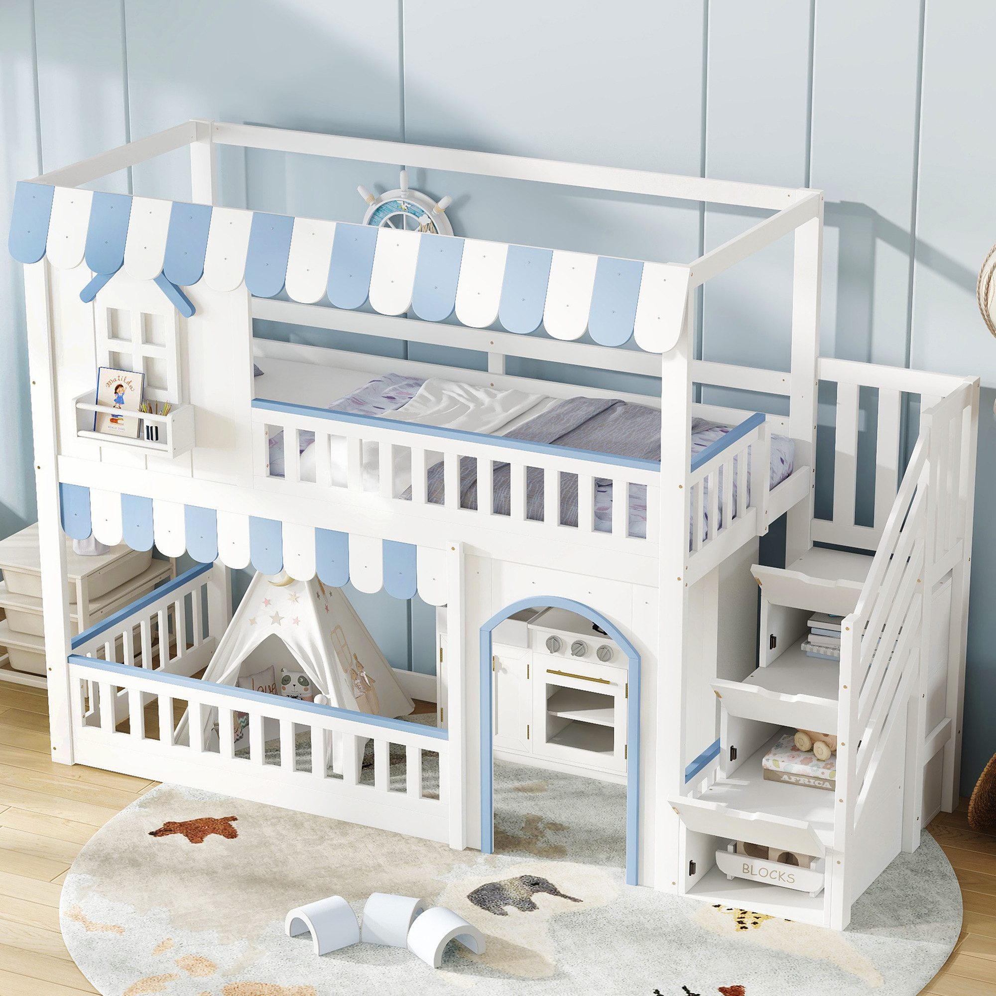 OKWISH Hochbett Jugendbett Einzelbett (mit Stauraum-Treppe, dekorativen Fenstern, stabiler Lattenkonstruktion, 90x200cm) ohne Matratze