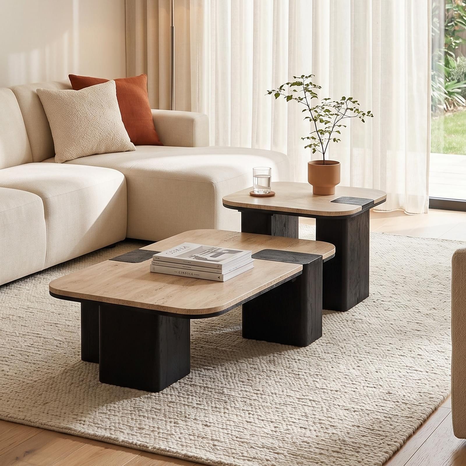 IDIMEX Couchtisch SURAT/DELHI, Wohnzimmertische mit Platte aus Travertin und Mangoholz Beige/Schwarz