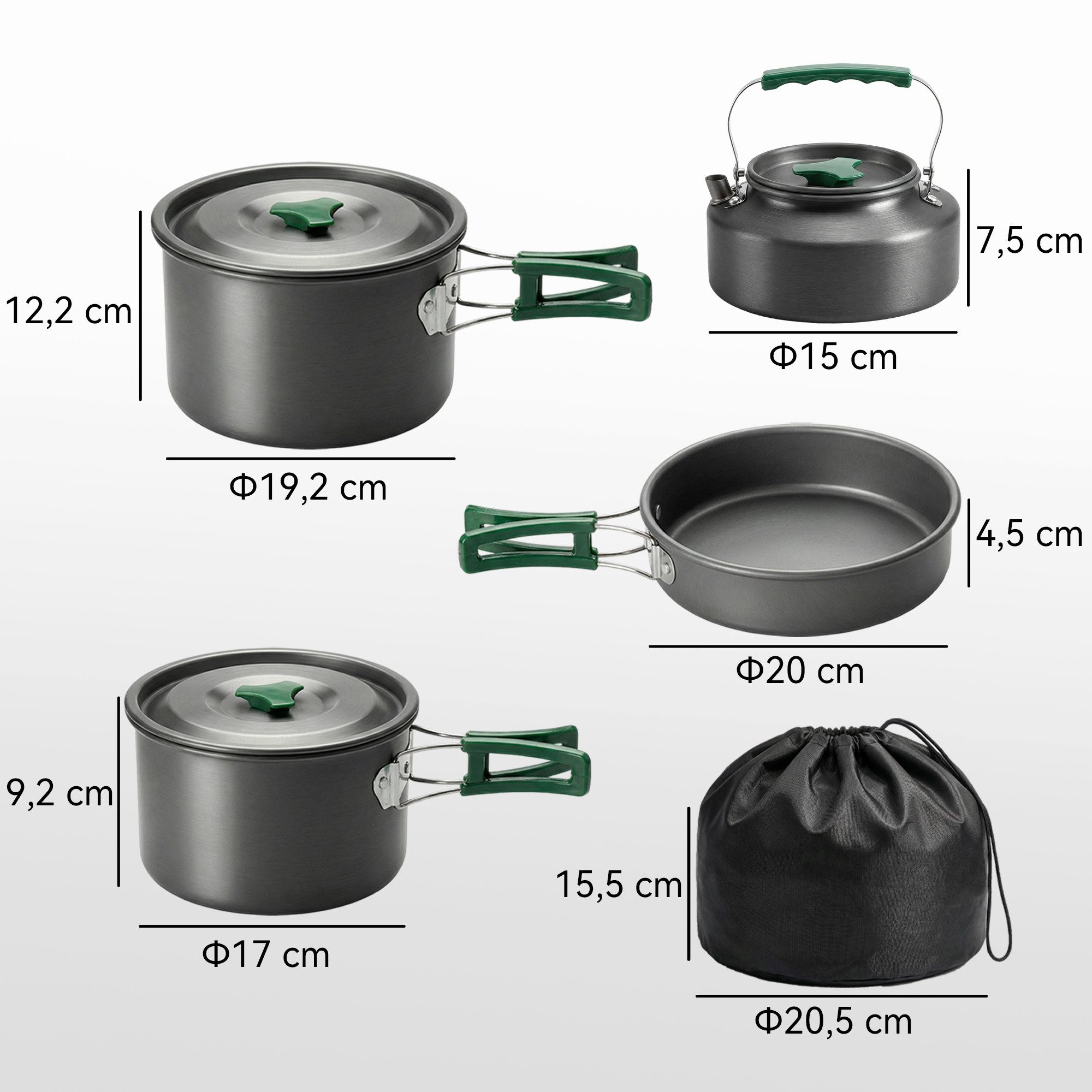 Outsunny Geschirr-Set Camping Outdoor Kochgeschirr Set 5-teilig mit Topf und Pfanne (15-tlg), 5 Personen, Aluminium, Edelstahl, für Outdoor Wandern Picknick BBQ Grau
