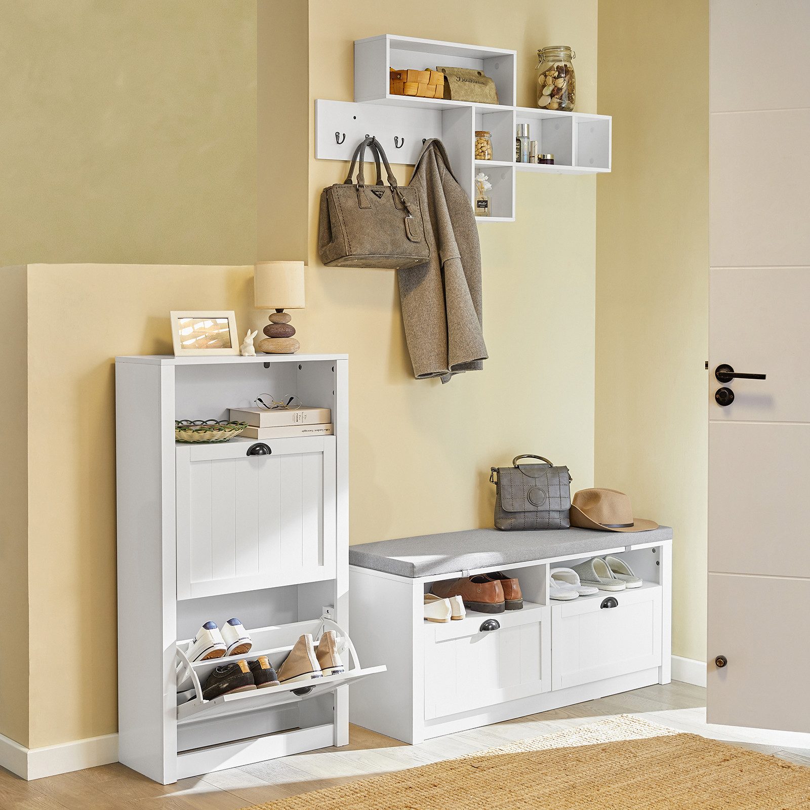 SoBuy Schuhschrank FSR87, Schuhkommode Schuhregal, Schuhschrank schmal Schuhkipper schmal mit 2 Klappen Schuhregal mit 4 Ablageflächen