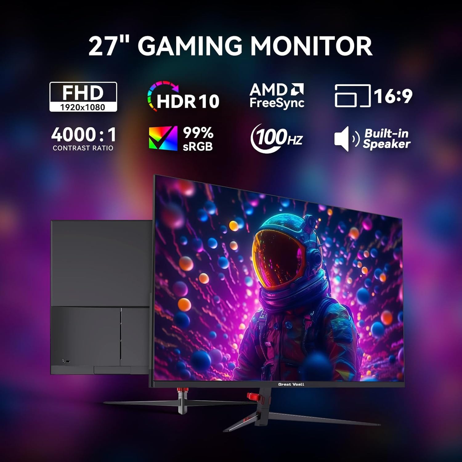 Great Voell 27 Zoll FHD PC Monitor, 100Hz, Integrierte Lautsprecher, Rahmenlos LED-Monitor (68,6 cm/27 ", 1920 x 1080 px, FHD, 1 ms Reaktionszeit, 100 Hz, VA LED, Lautsprecher, 300 cd/, FreeSync, VESA, HDMI/DP, Home office)