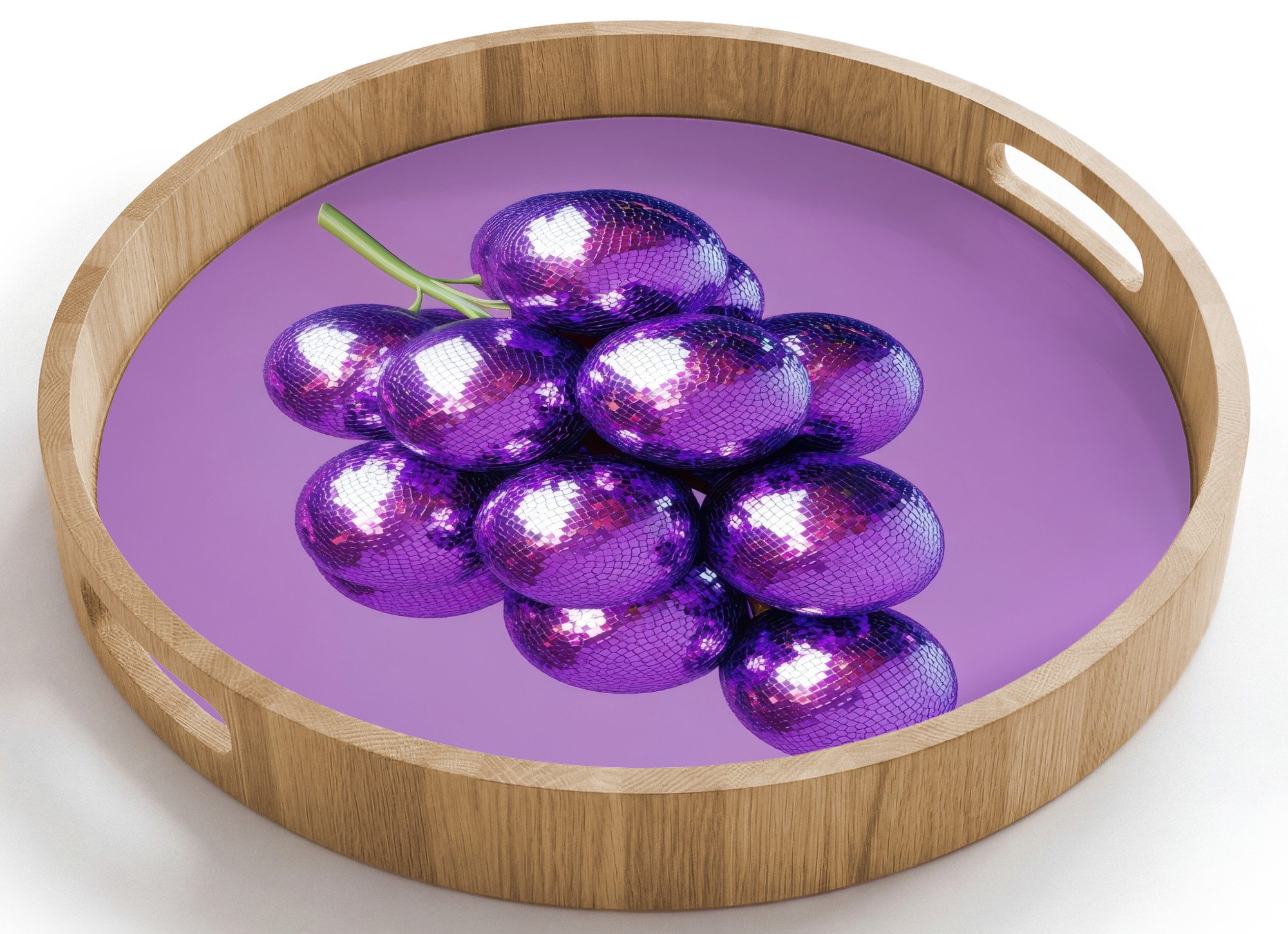 OnlyWow Tablett Rund mit Henkel Weintraube - Disco - Glitzer - Lila, Eichenholz, (1-tlg), Siervierplatte, Tray, Frühstücksbrett