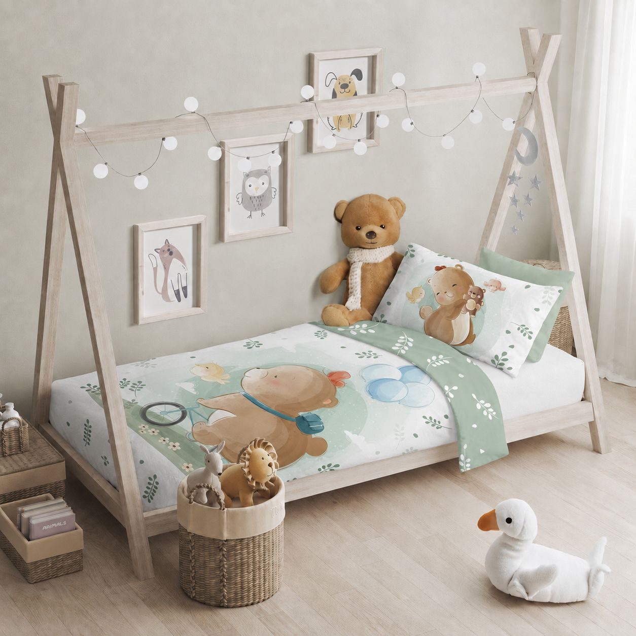 texpot Bettwäsche Kinderbettwäsche Teddybär mit Fahrrad bedruckt Garnitur, Baumwolle, 2 teilig