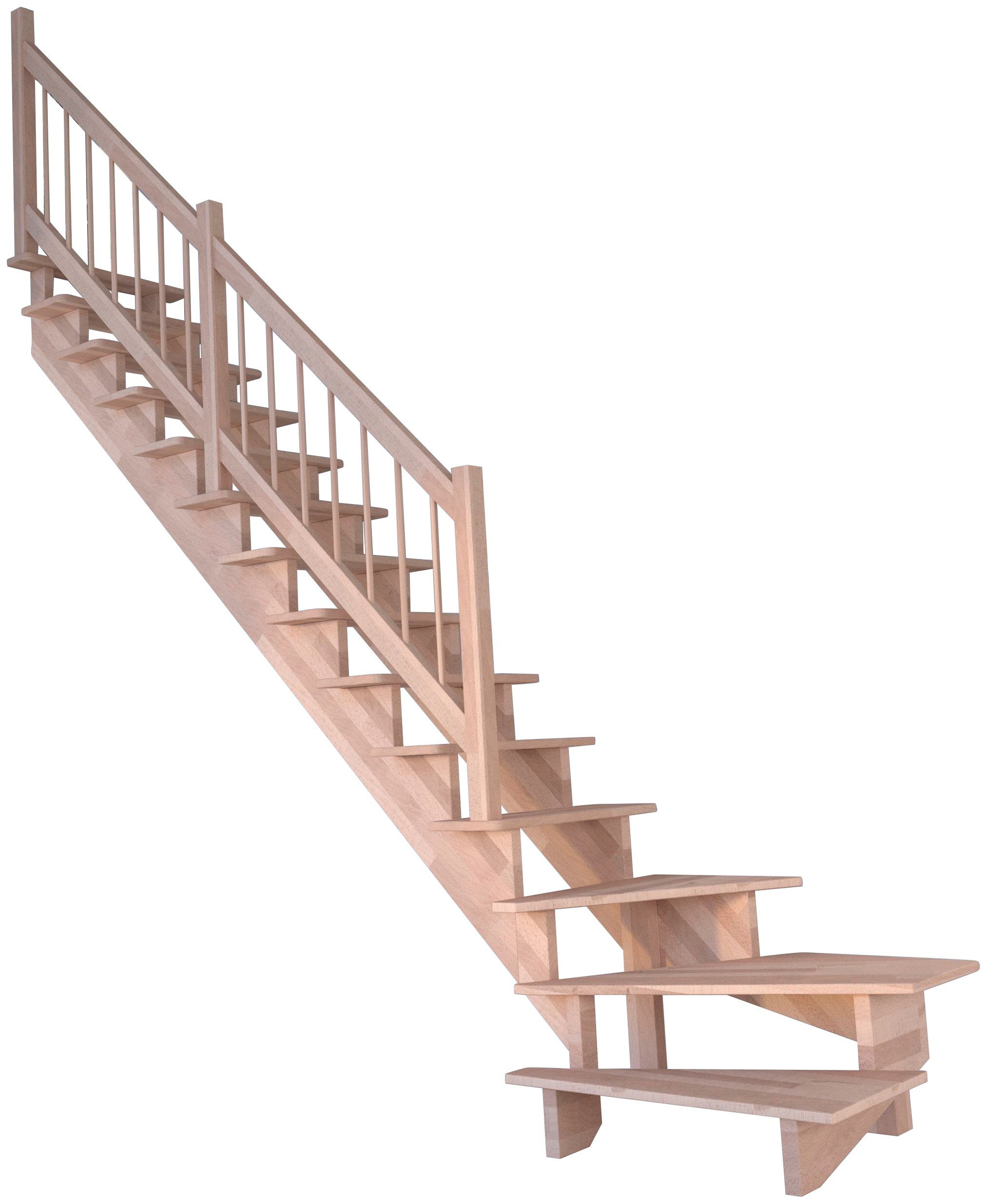 Starwood Systemtreppe Massivholz Lindos, Holz-Holz Design Geländer, für Geschosshöhen bis 300 cm, Stufen offen, gewendelt Links, Durchgehende Wangenteile