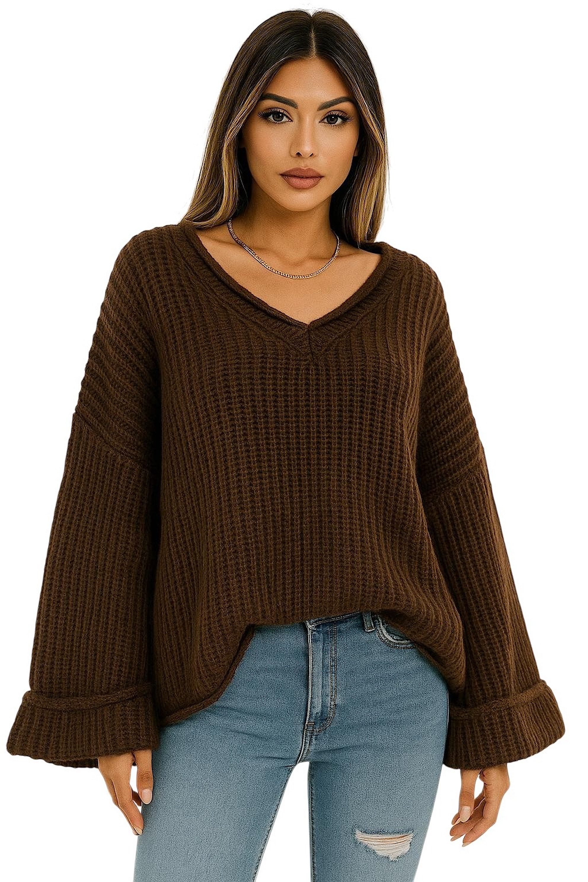 Worldclassca V-Ausschnitt-Pullover WORLDCLASSCA Damen Oversize Strickpulllover Dick Pulli V-Ausschnitt Neue Kollektion - Stilvolle und gemütliche Strickmode für Damen