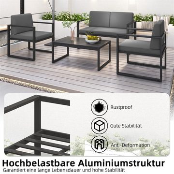 Mucola Gartenlounge-Set Sitzgruppe Aluminium Gartenset wetterfest Essgruppe Grau Lounge, (Set, 4-tlg., Möbelset bestehend aus 2er Sitzer Sofa, 2 Sessel und Beistelltisch), wasserabweisende Kissen mit Bändern zum Befestigen am Sessel