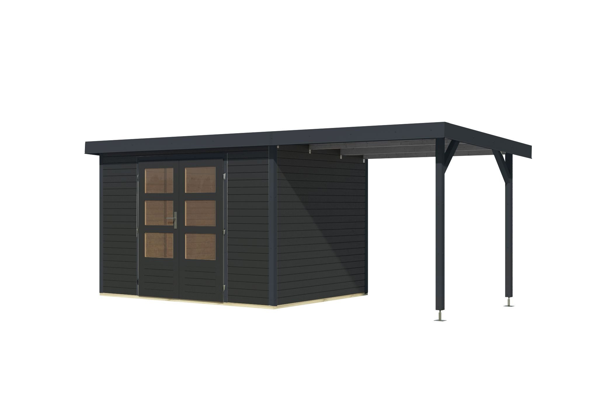 Karibu Gartenhaus Gartenhaus Hollywood in versch. Größen und Farben, opt. mit Anbaudach, BxT: 515x214 cm, (1 Stück, Gartenhaus Hollywood XXL mit Anbaudach, anthrazit), Größe XXL mit Anbaudach, anthrazit