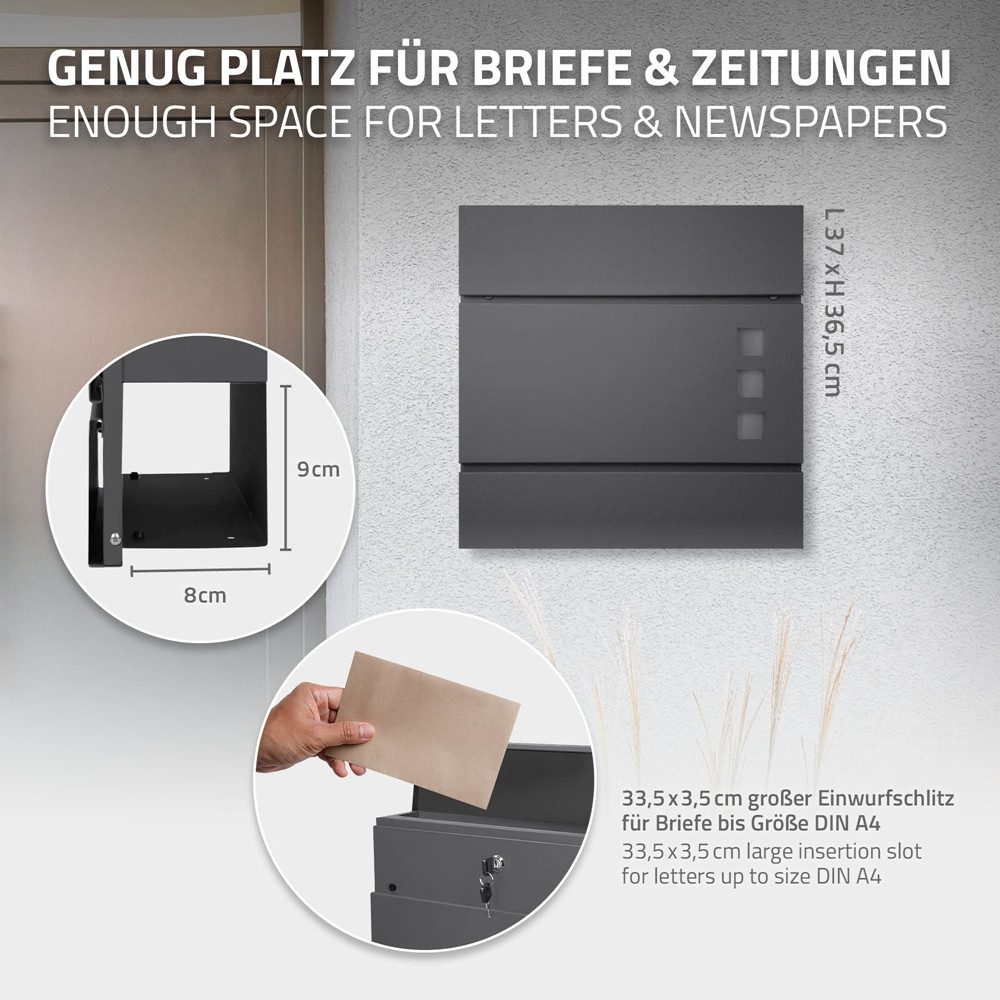 ML-DESIGN Briefkasten Wandbriefkasten Postkasten Design Briefkastenanlage Postbox Mailbox, Standbriefkasten mit Zeitungsfach Schloss und 2 Schlüssel aus Stahl – Bild 4 von 5