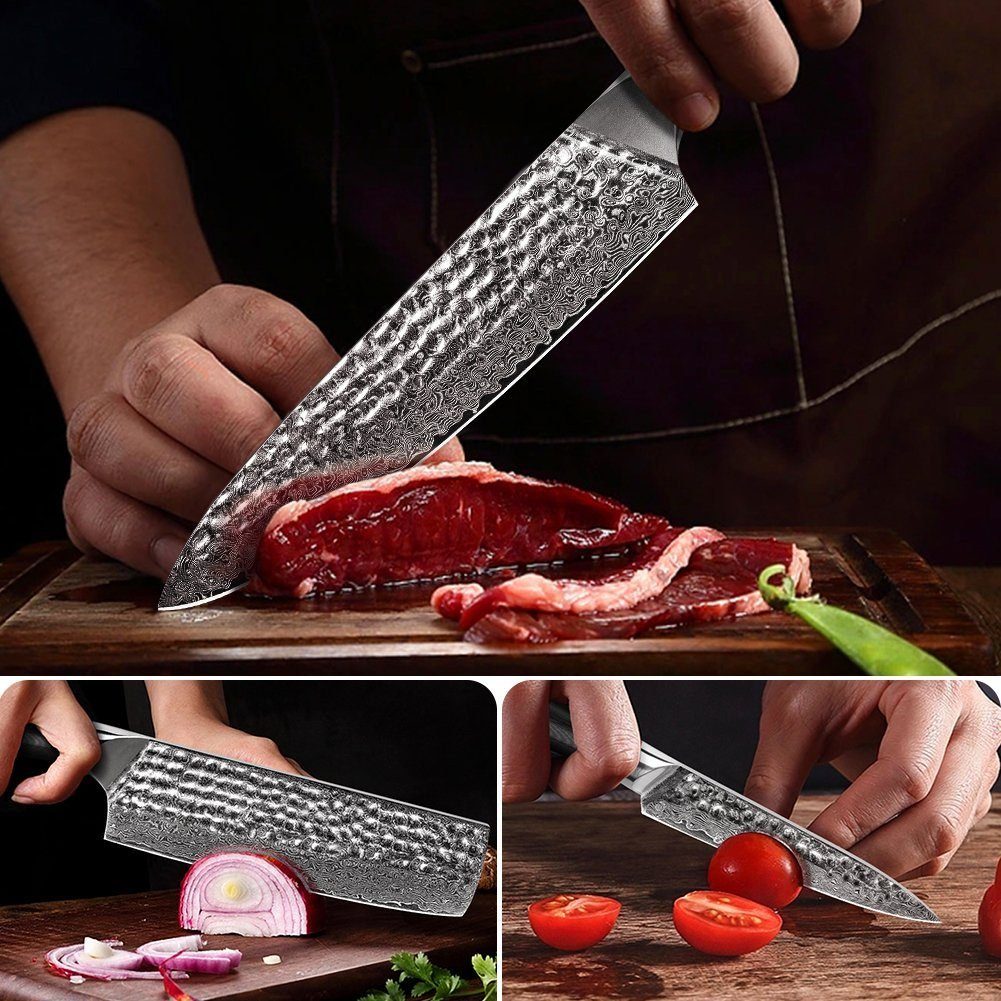 Damastmesser KEENZO (3-tlg) Küchenmesser 3tlg.Damaststahl Messer-Set Hammerschlagoberfläche Set