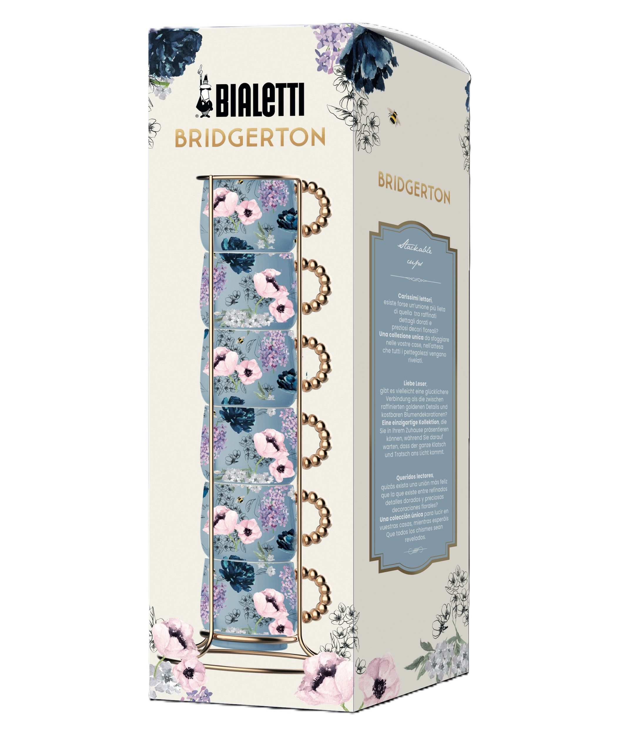 BIALETTI Tasse BIALETTI Espressotasse Mokkatasse Set 6 Tassen mit Ständer Bridgerton, Material: Porzellan, Metall