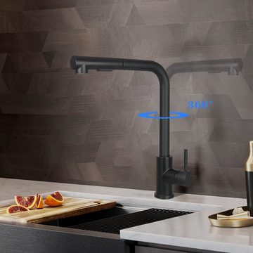 ZMH Küchenarmatur Ausziehbar mit Brause Mischbatterie mit 2 Strahlarten 360° Drehbar Schwarz