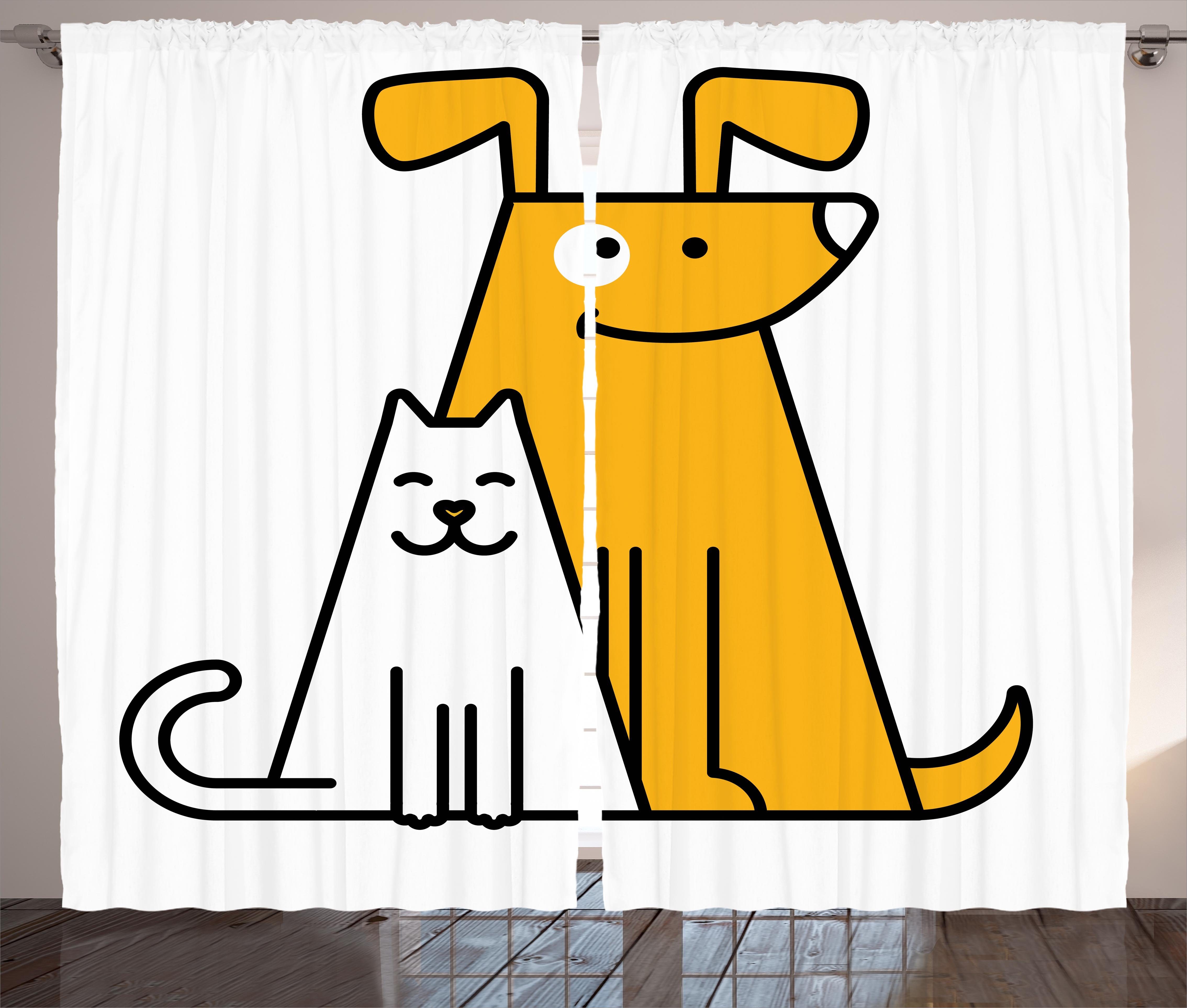 Gardine Schlafzimmer Kräuselband Vorhang mit Schlaufen und Haken, Abakuhaus, Karikatur Katzen und Hunde Freunde