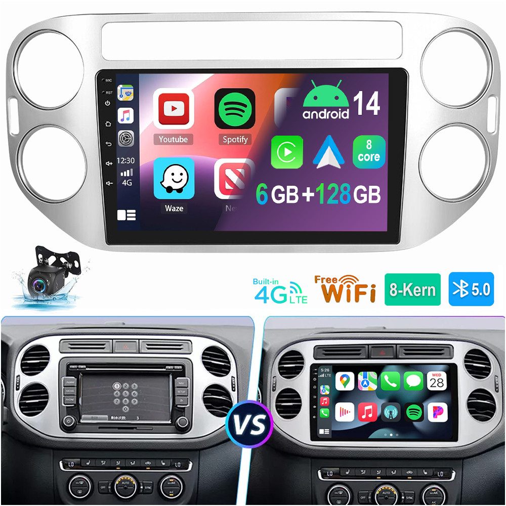 ESSGOO Für VW Tiguan 5N 2010-2016 6+128GB 8-Kern 4G LTE Autoradio (RDS, Digitalradio (DAB), FM, AM, Apple Carplay Android Auto Navi WIFI BT SWC 4G LTE)