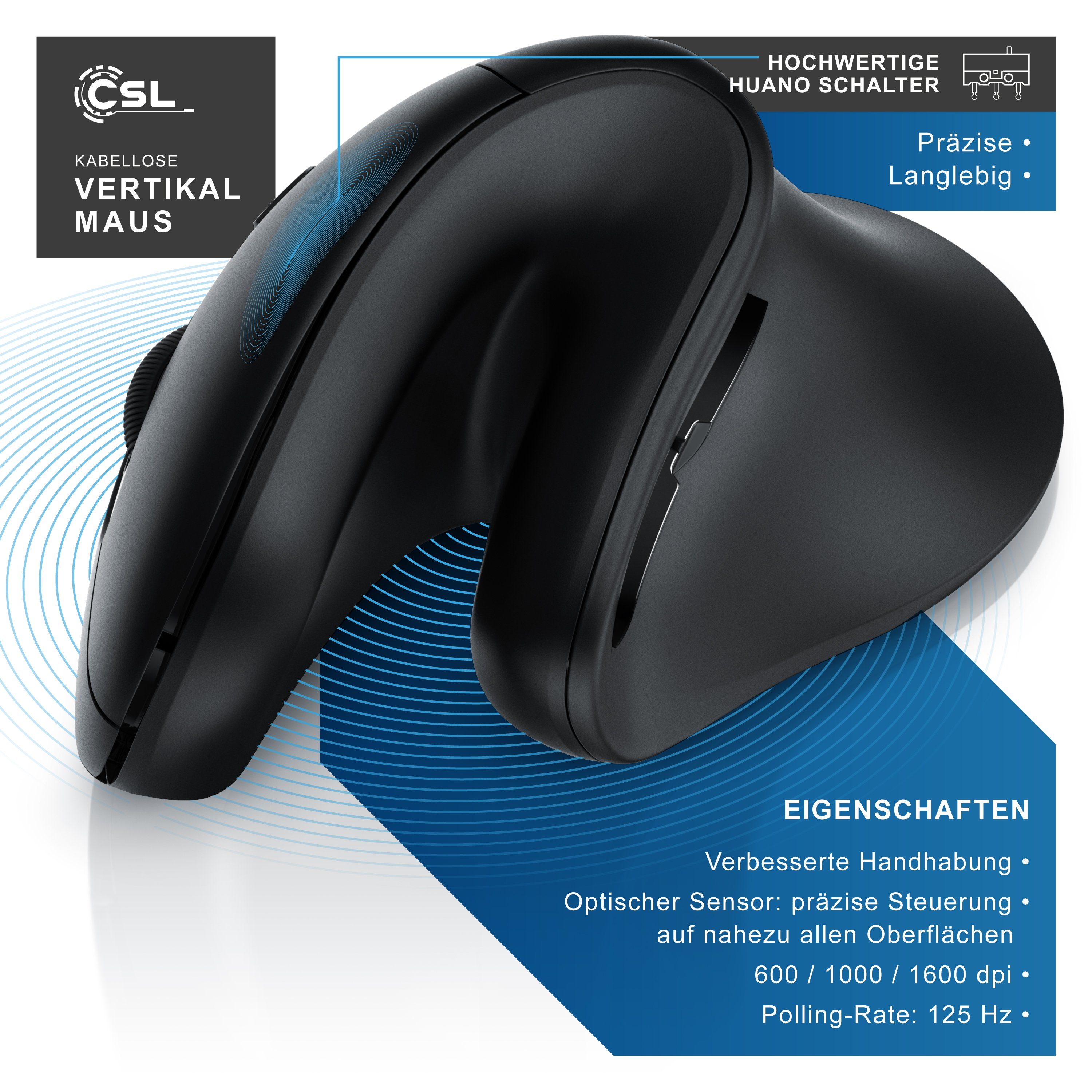 CSL mit 600-1600 DPI, optische Vertikalmaus, kabellos Funk USB Dongle ergonomische Maus (Funk, kabellos, Wireless Mouse, armschonend & ergonomisch gegen Mausarm, PC und Mac)