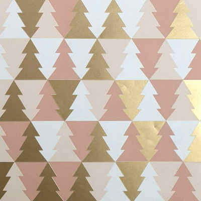 Star Geschenkpapier, Geschenkpapier Tannen Muster 70cm x 2m Rolle rosa / gold