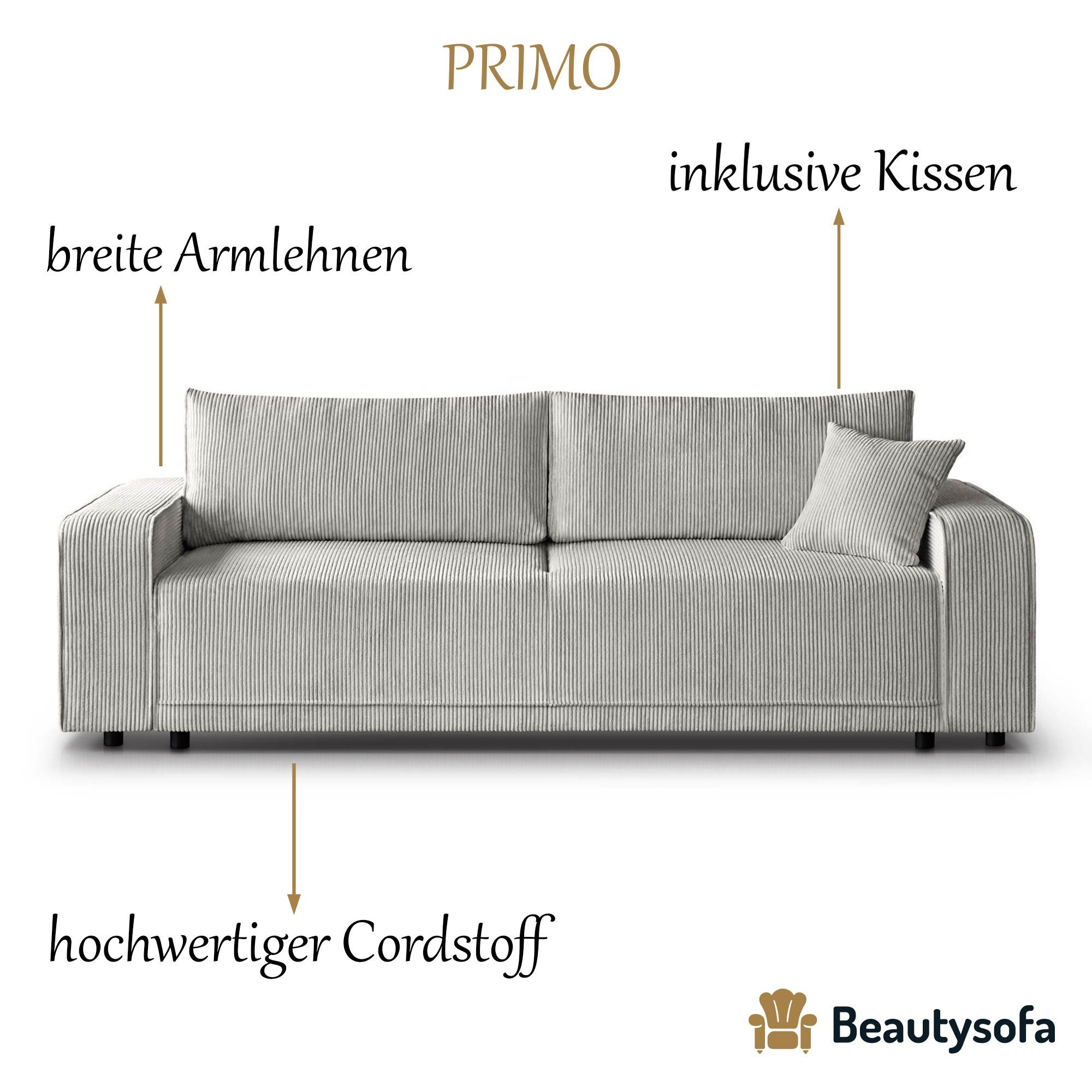 Beige Schlaffunktion, Wellenfedern, breite Design Armlehnen modernes Sofa, Beautysofa Schlafsofa Bettkasten, PRIMO, 100) (poso