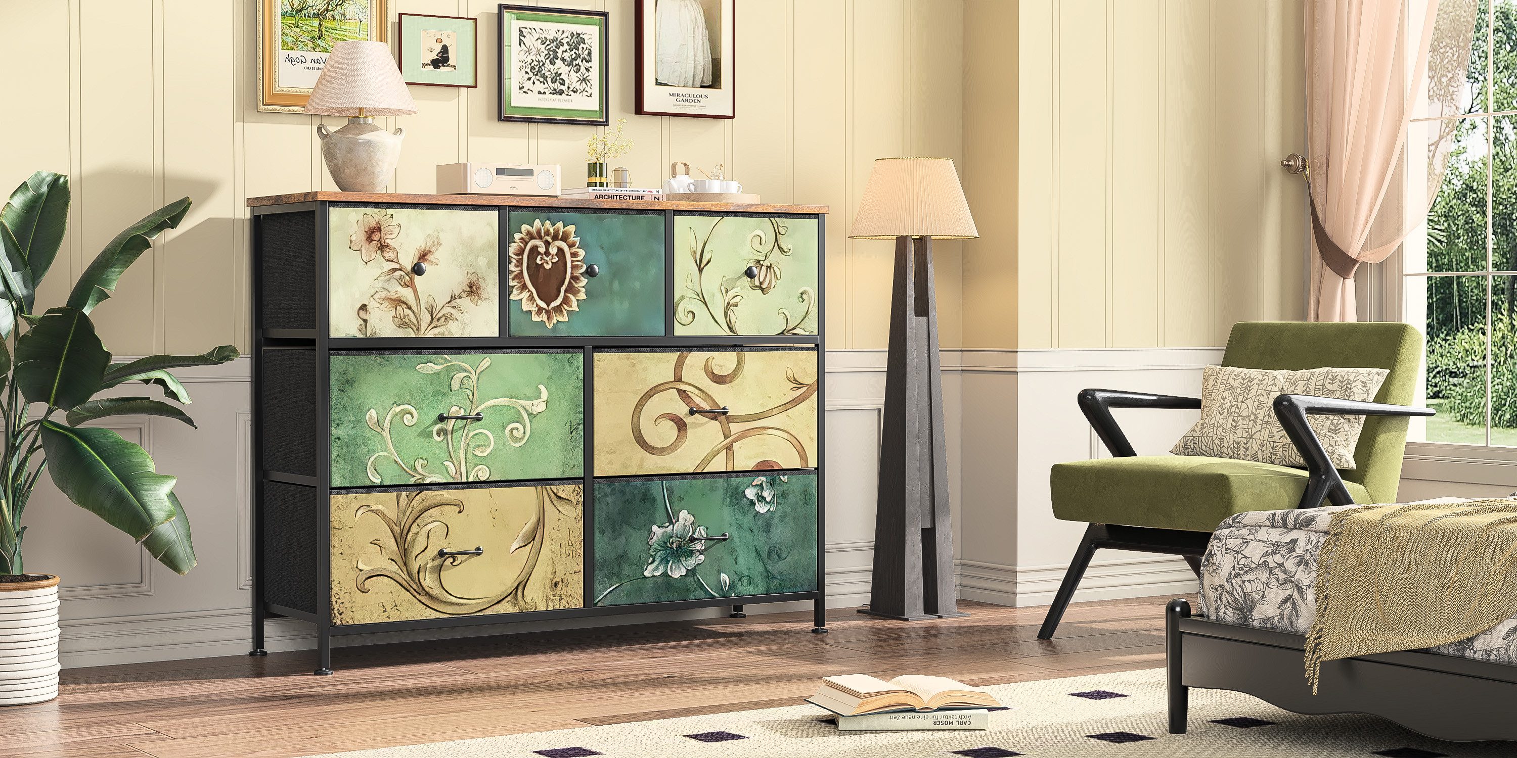 FUROKOY Kommode Stauraumschrank,Schrank Schlafzimmer,Metallrahmen,Retro Stil, Blumenmuster,7 Schubladen