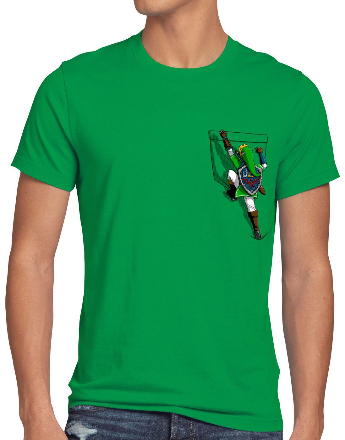 style3 Print-Shirt Herren T-Shirt Link Brusttasche wild switch the breath of snes ocarina grün