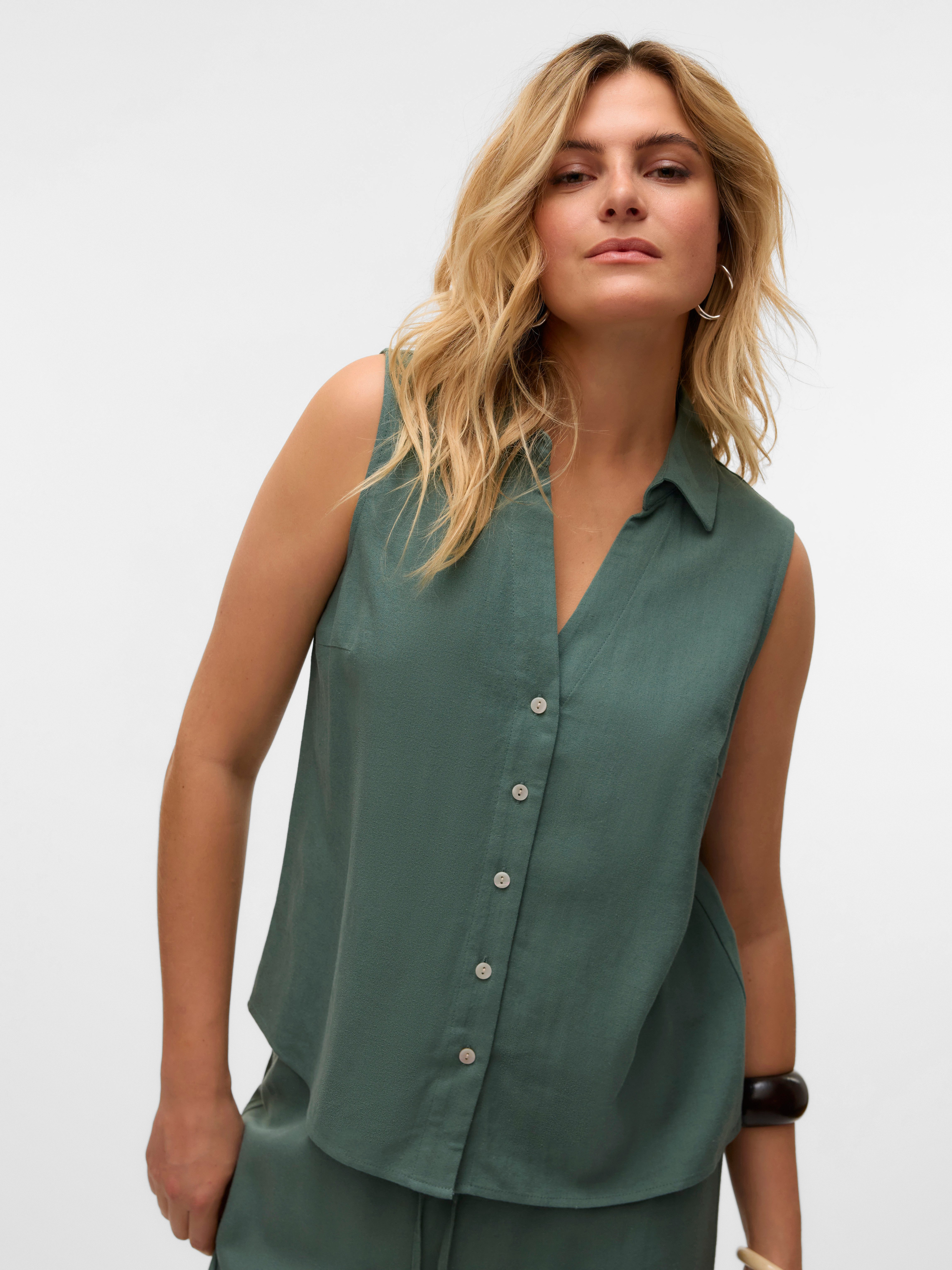 Vero Moda Blusentop VMMYMILO SL V-NECK SHIRT WVN GA mit Leinen