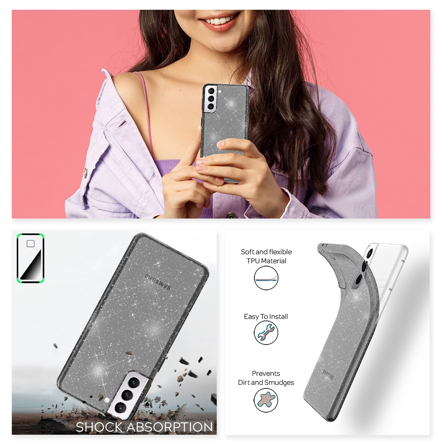 Nalia Smartphone-Hülle Samsung Galaxy S21 15,7 cm (6,2 Zoll), Klare Glitzer Hülle / Silikon Transparent / Glitter Cover / Bling Case