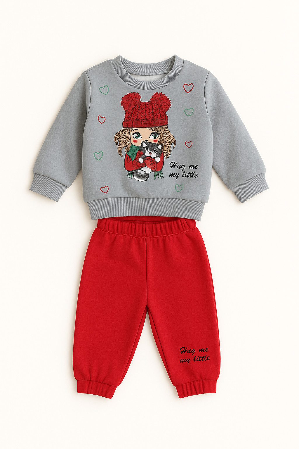 Lorey Medtec Freizeitanzug Mädchen Outfit, 2er Set, Pullover, Hose, 100 % Baumwolle, Rot-Grau (Pullover + Hose)