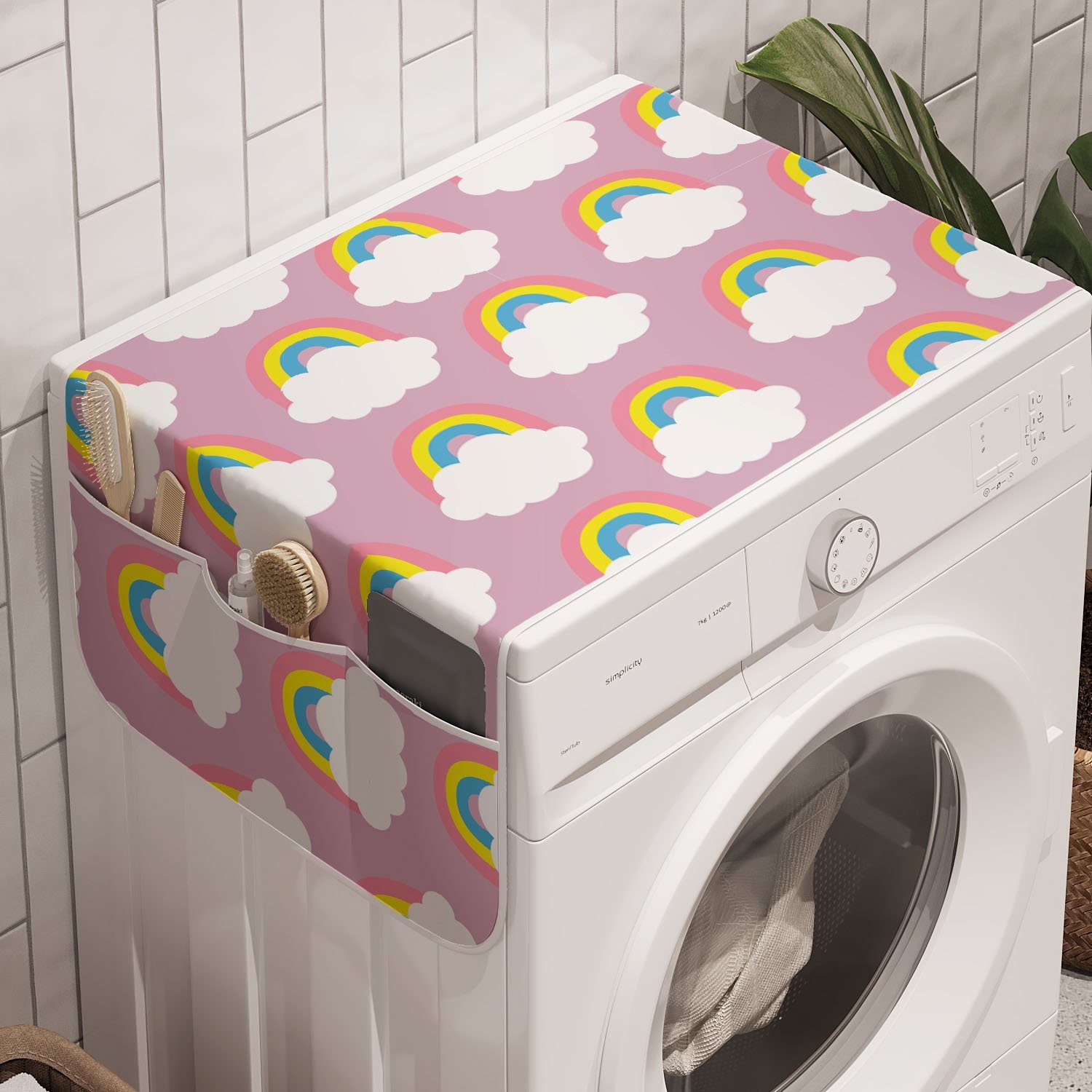 Anti-Rutsch-Stoffabdeckung Badorganizer Abakuhaus Nursery Cartoon Wolken Waschmaschine und Regenbogen Trockner, Weichen für