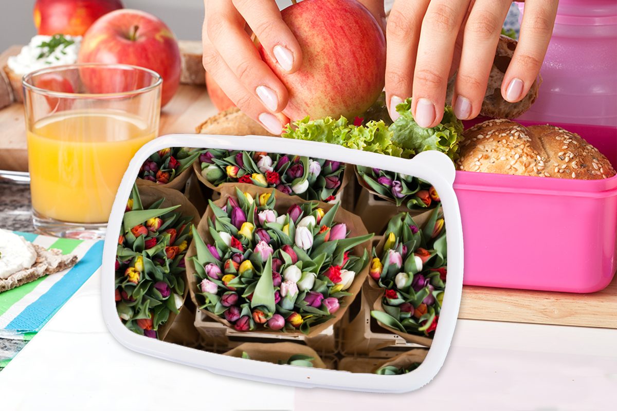 Brotbox Kunststoff Strauß, Kunststoff, Blumen - (2-tlg), Brotdose MuchoWow Kinder, Erwachsene, für - Tulpen rosa Lunchbox Snackbox, Mädchen,