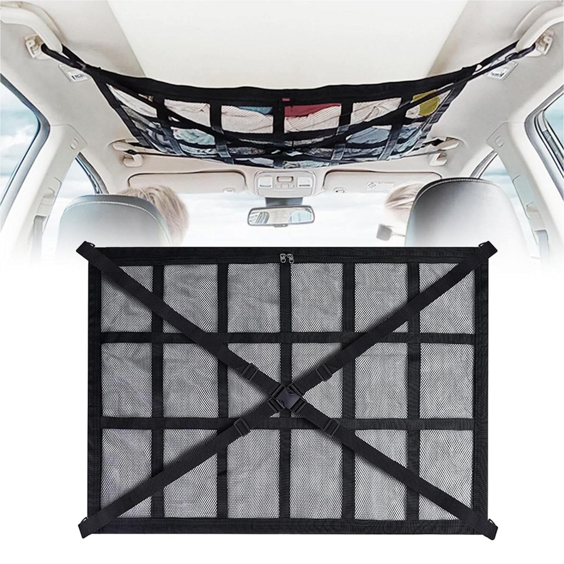 Mutig Auto-Rückenlehnentasche Gepäcknetz Auto,doppellagige Autodach Aufbewahrung, Autonetz Organizer (für Vier Dacharmlehnen, SUV, Van., Tolles Auto Camping Zubehör für Lange Roadtrips. (80*55 cm)