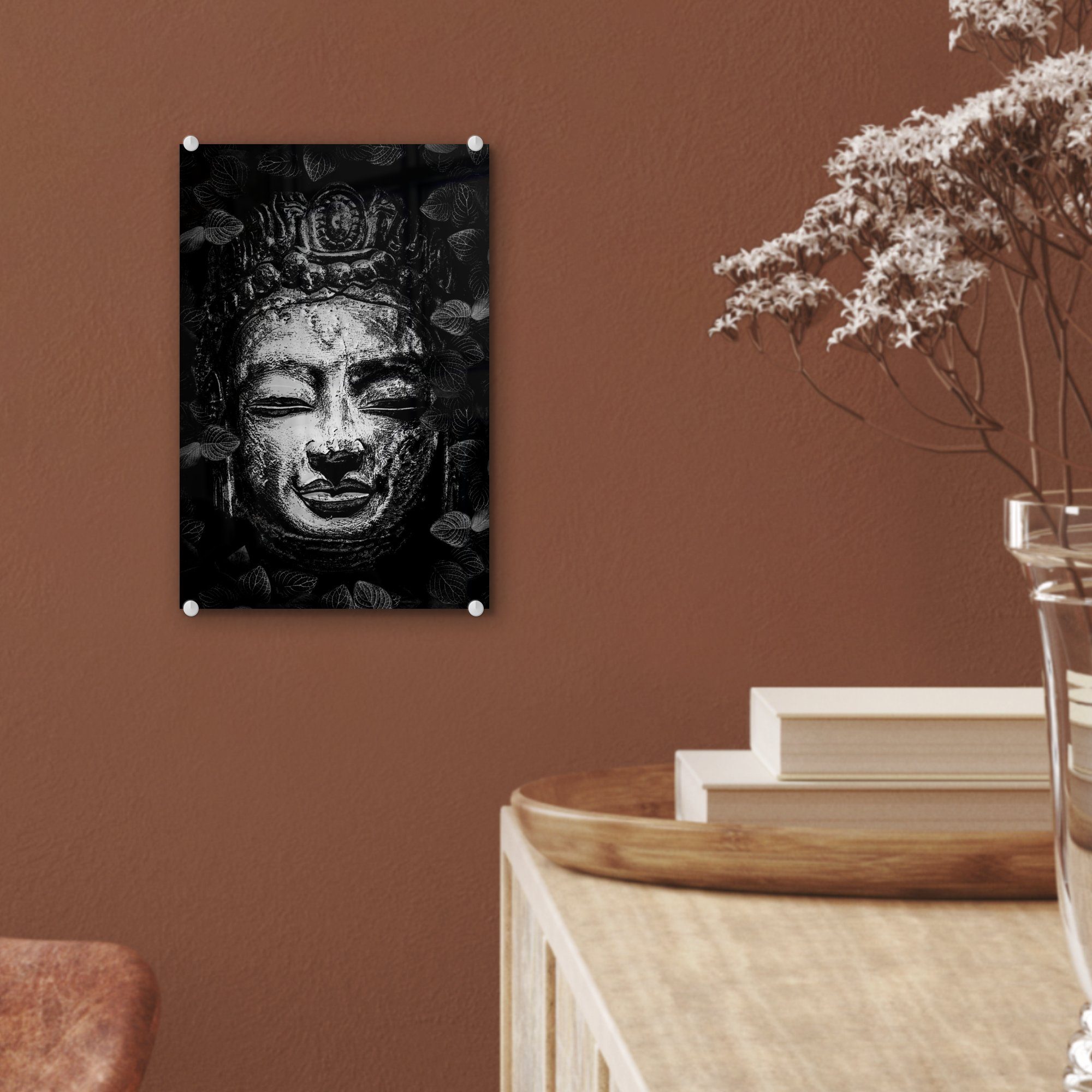 (1 Glasbilder bunt Foto Wandbild Buddhas Grober Blättern mit Bilder eines - Glas Acrylglasbild Kopf und MuchoWow St), Wanddekoration - schwarz verziert Glas - auf weiß, - auf