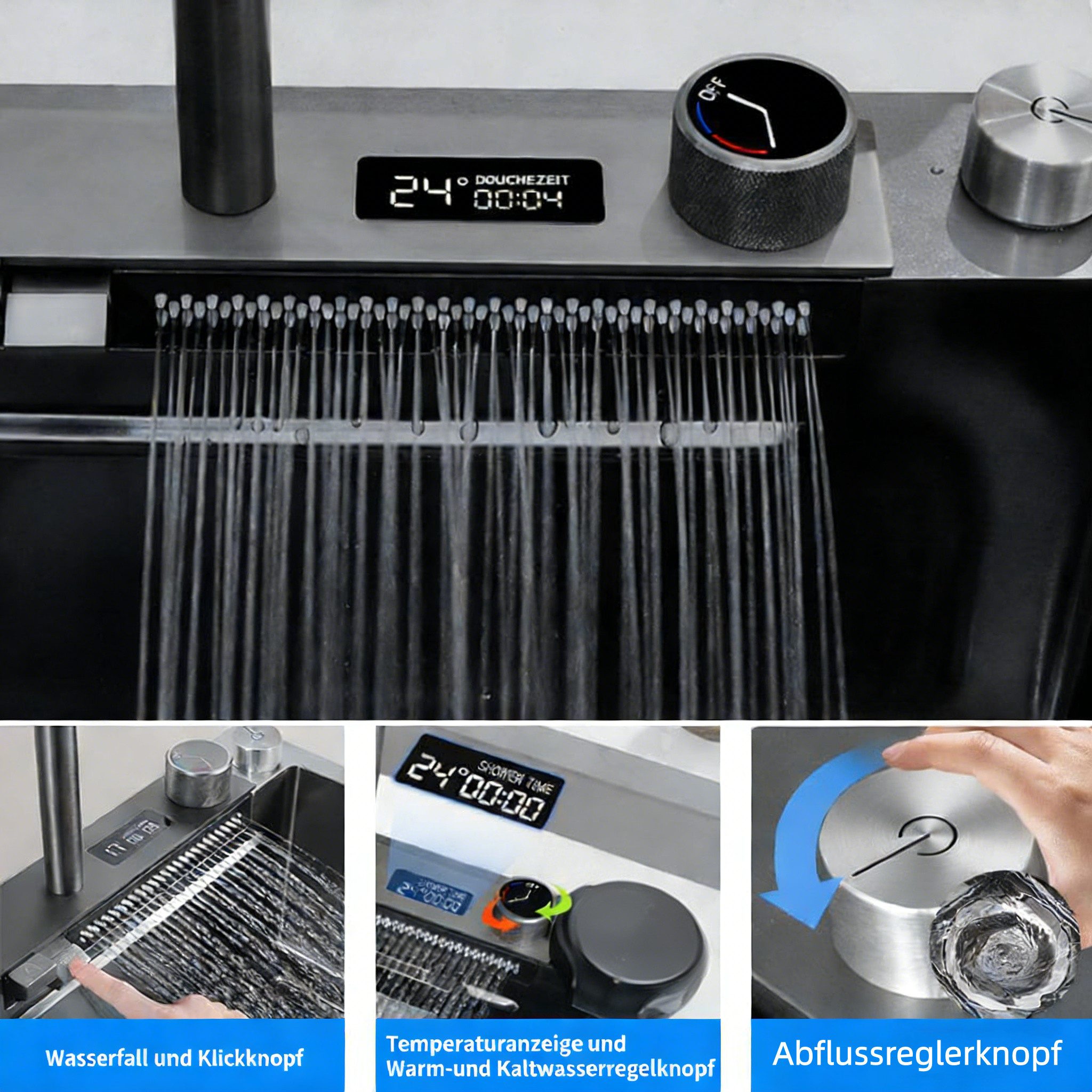 GARRYFIZH Edelstahlspüle Edelstahl Küchenspüle 68x45 cm mit Wasserfallarmatur & LED, Komplettes Set, Workstation mit Gläserspüler, Schneidebrett und Abtropfkorb