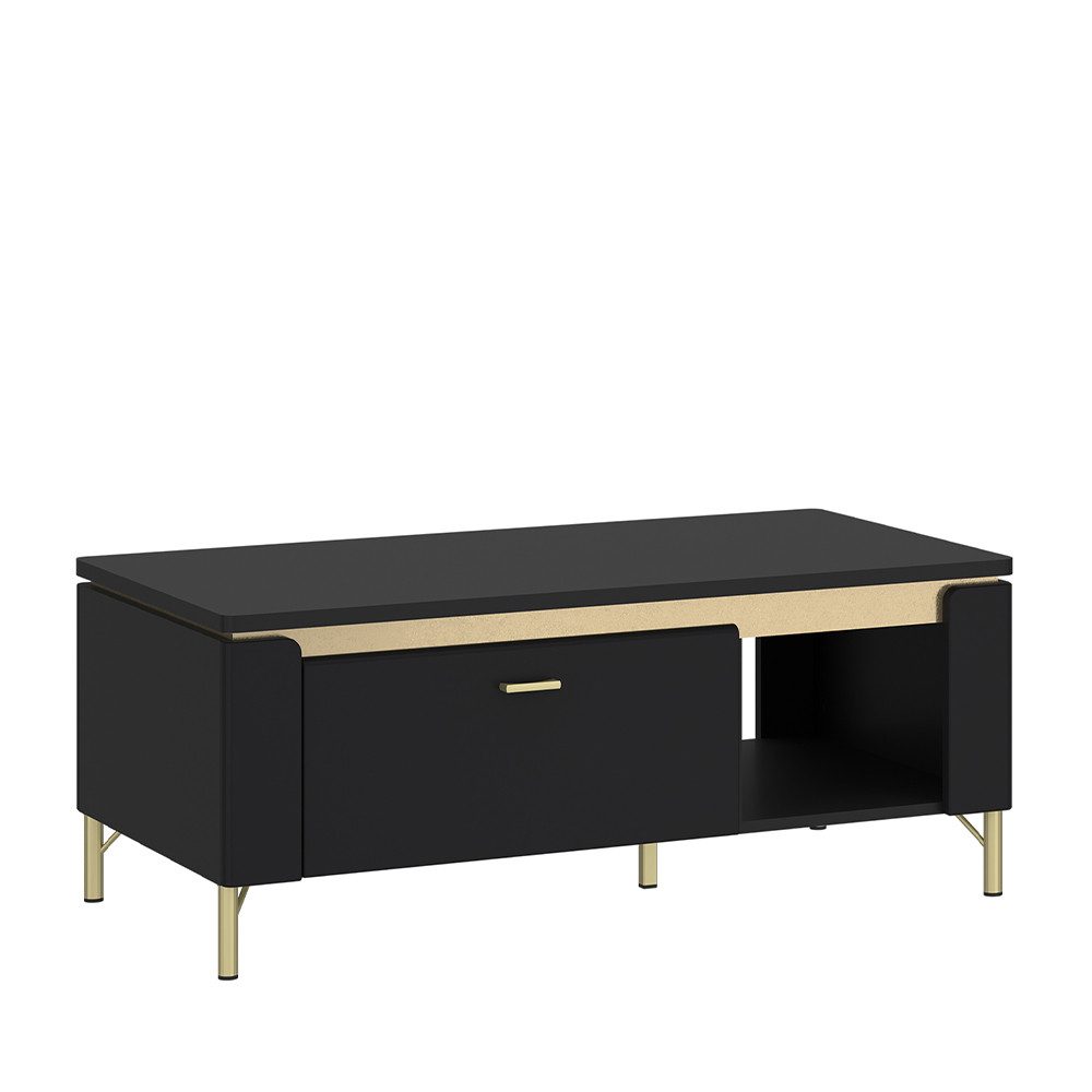 Lomadox Couchtisch NOLA-129, Schwarz matt mit goldfarbenen Akzenten, 1 Schublade, Breite 110 cm